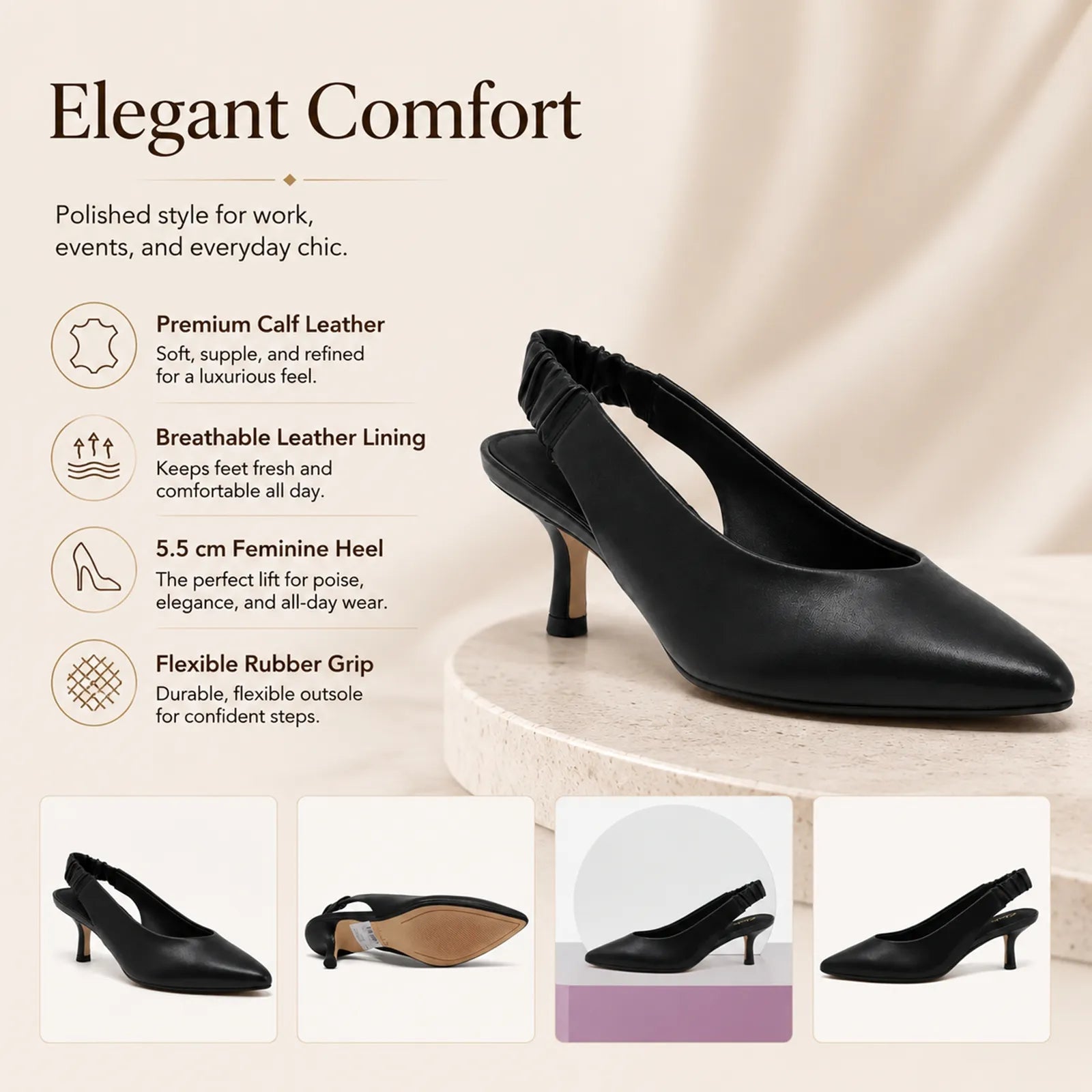 Black pointed-toe slingback pumps with ruched strap and rubber grip outsole