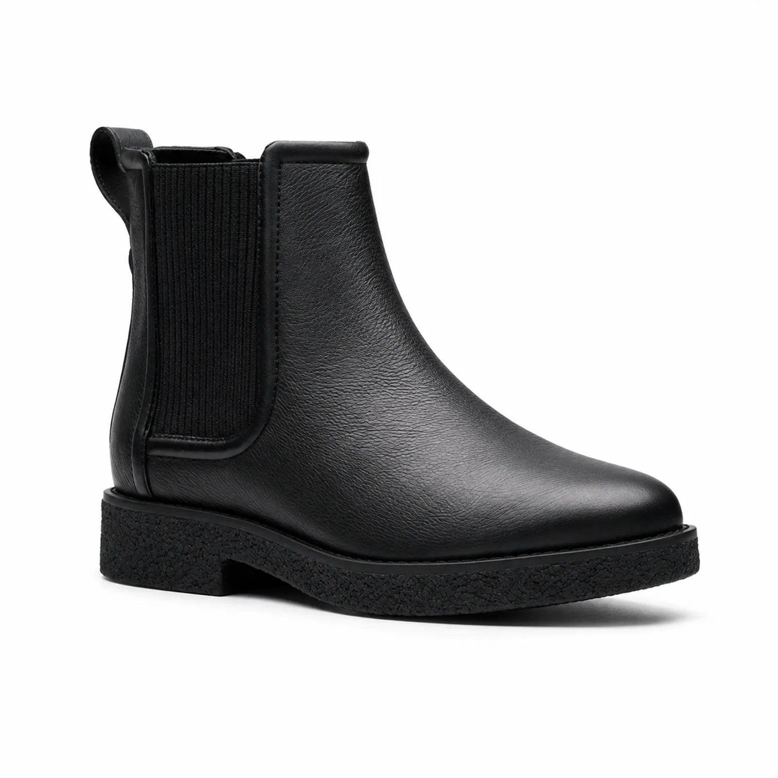 Black leather chelsea slip-on ankle boot with elastic side panels and cushioned sole