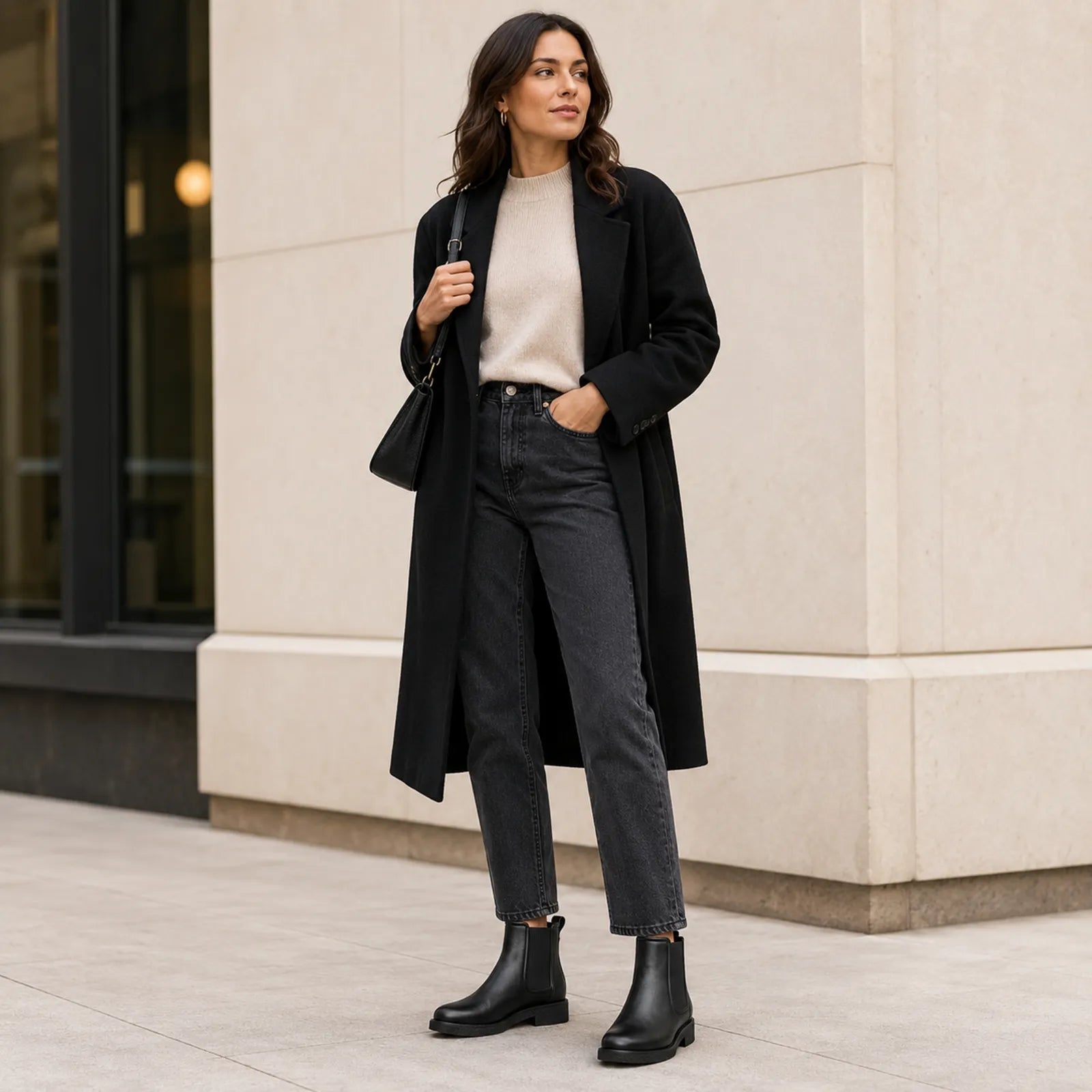 Black leather chelsea ankle boots on a model, featuring elastic side panels and low heel
