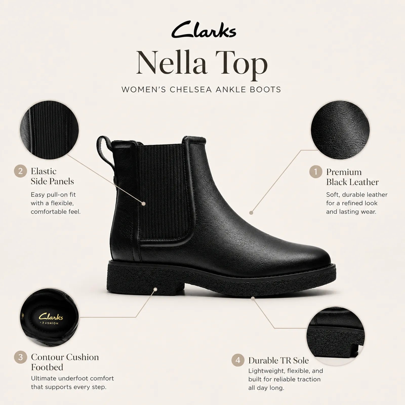 Black leather chelsea ankle boot with elastic side panels and rugged textured sole
