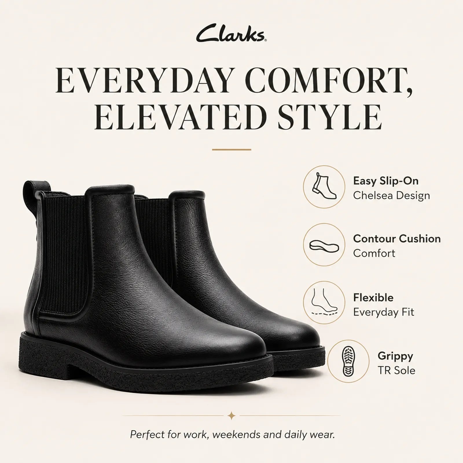 Black leather chelsea ankle boots with elastic side panels and grippy TR-style sole