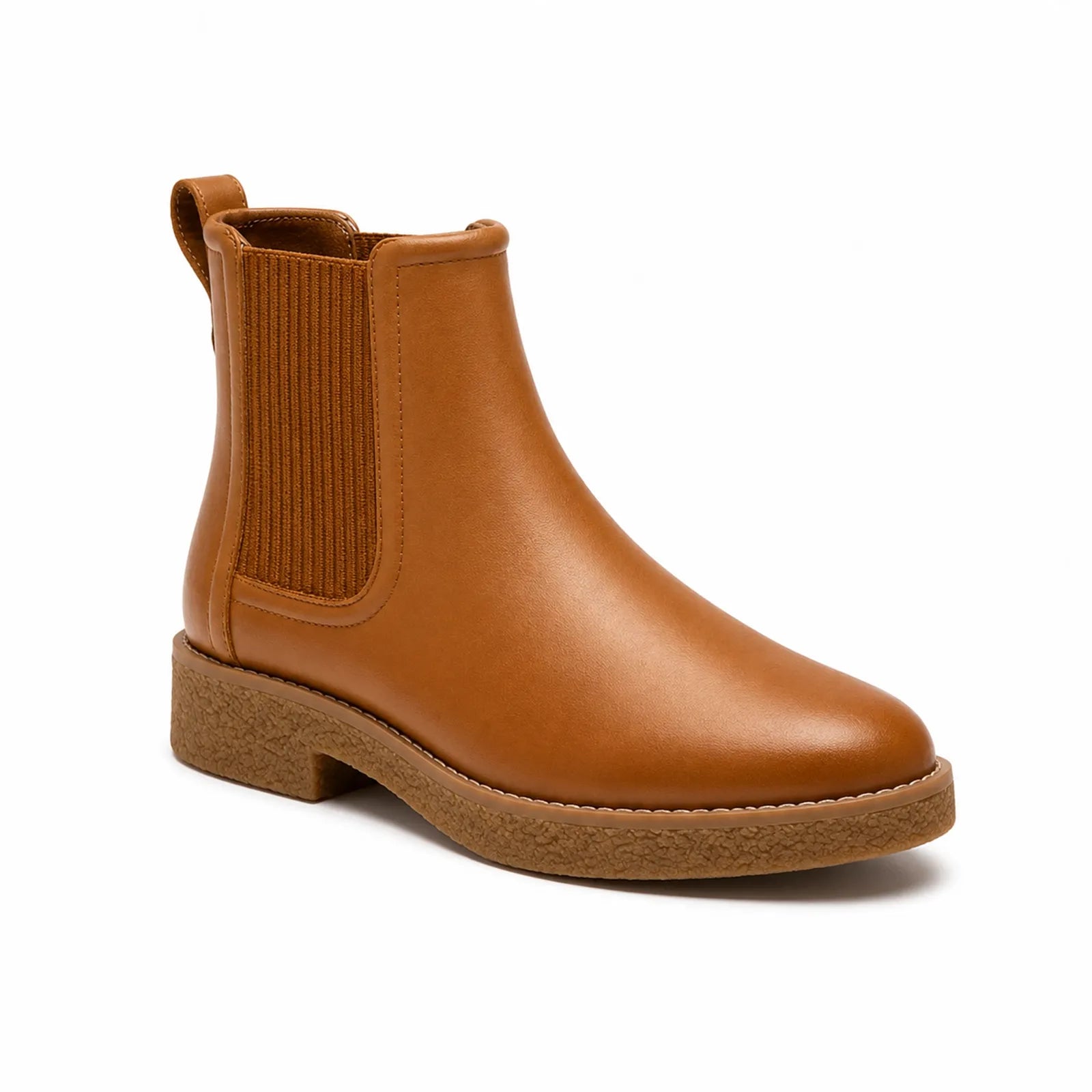 Brown leather chelsea slip-on ankle boot with elastic side panels and low block heel