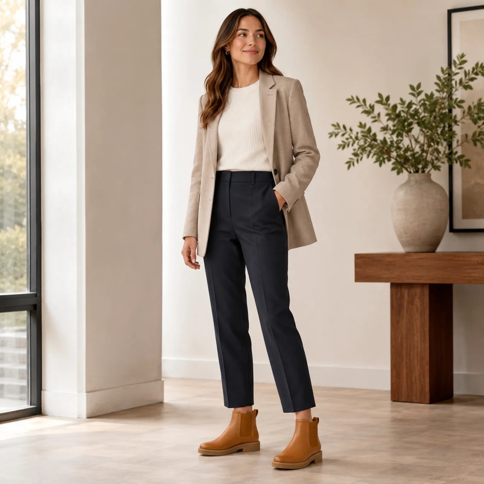 Brown leather chelsea ankle boots worn with pants, featuring elastic side panels and low heel