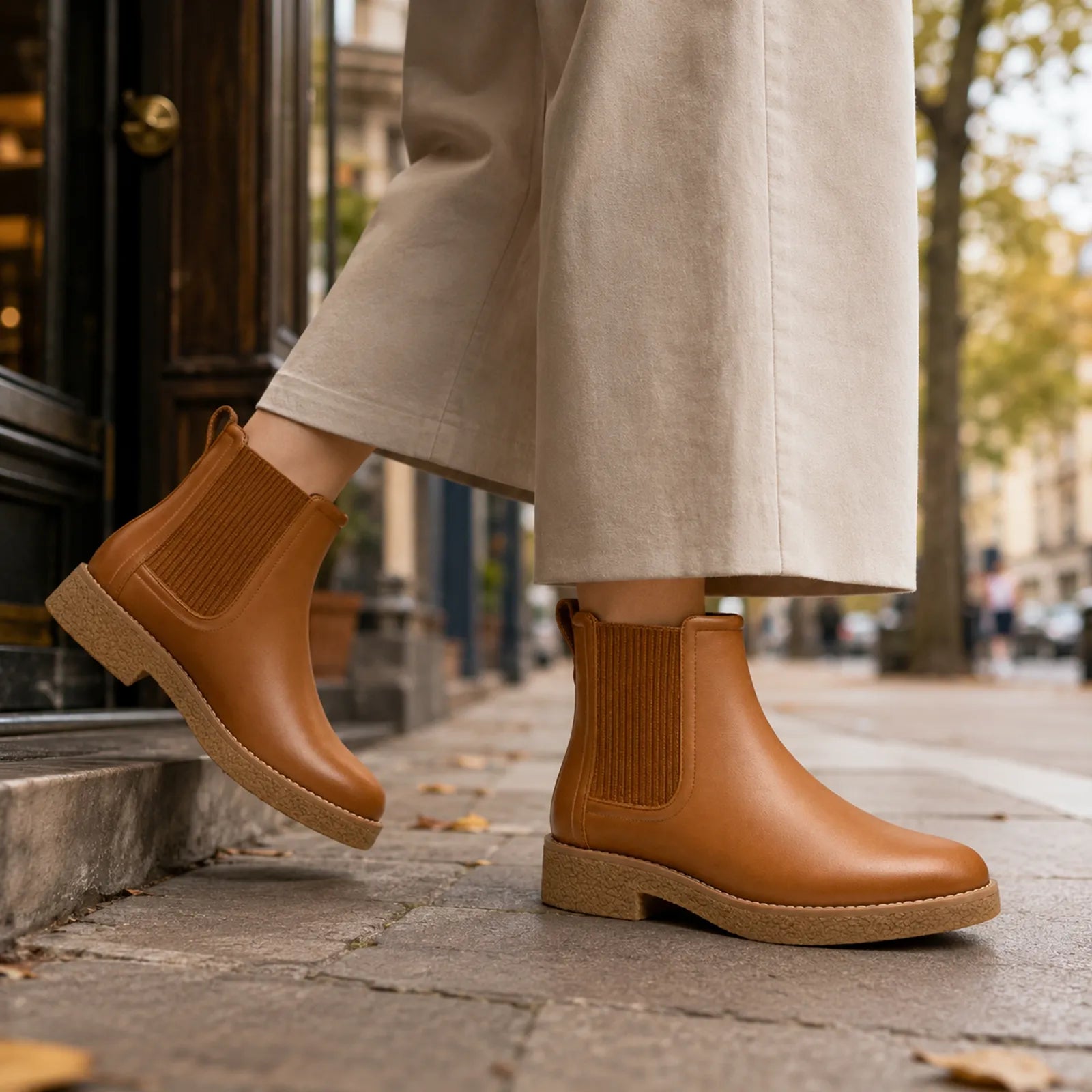 Brown leather chelsea boots with elastic gores and textured outsole on pavement