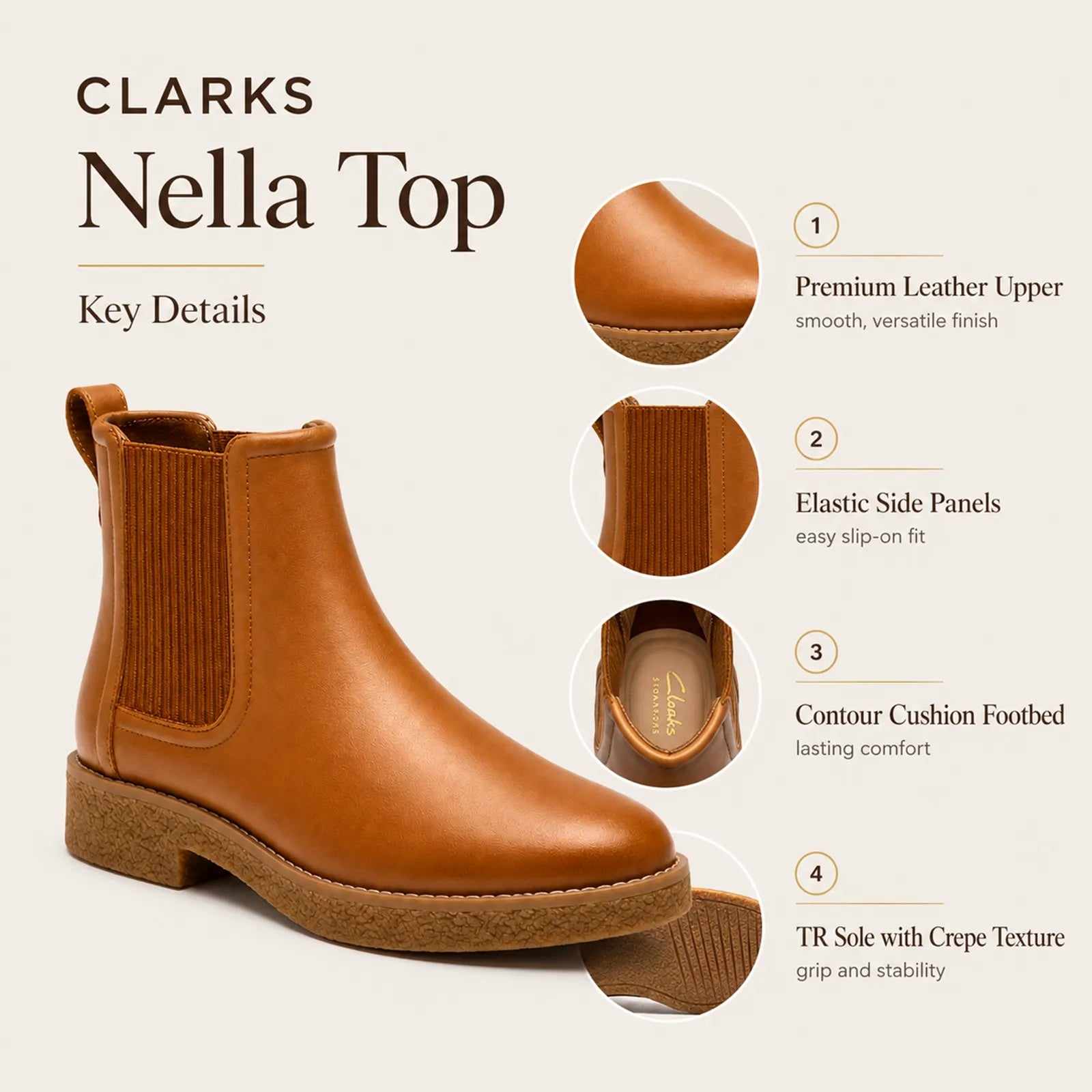 Brown leather Chelsea boots with elastic side panels and cushioned sole