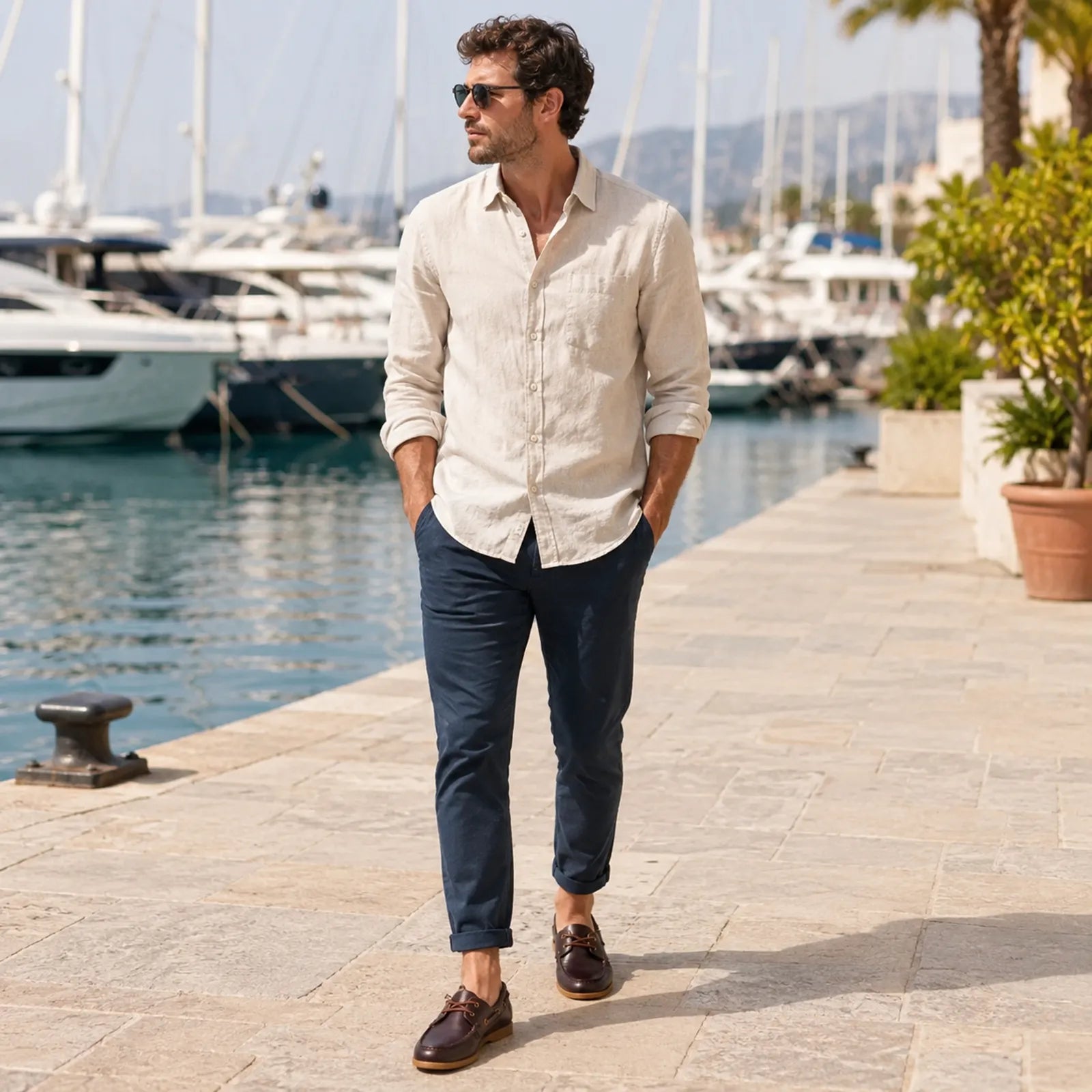 Men’s brown leather loafers with laces and gum sole, worn with dark trousers