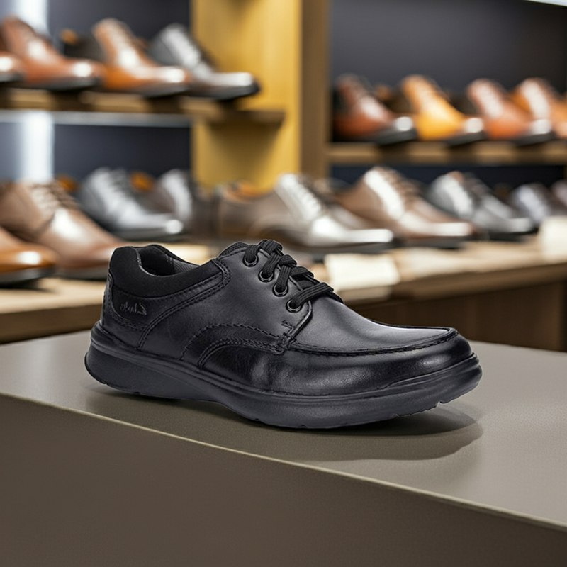 Men's black leather lace-up business shoes with smooth finish and low-profile sole