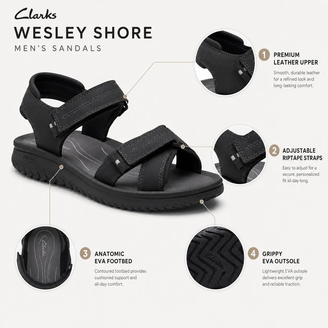 Clarks men Wesley Shore sandals black leather anatomic EVA footbed 26182010 product detail view