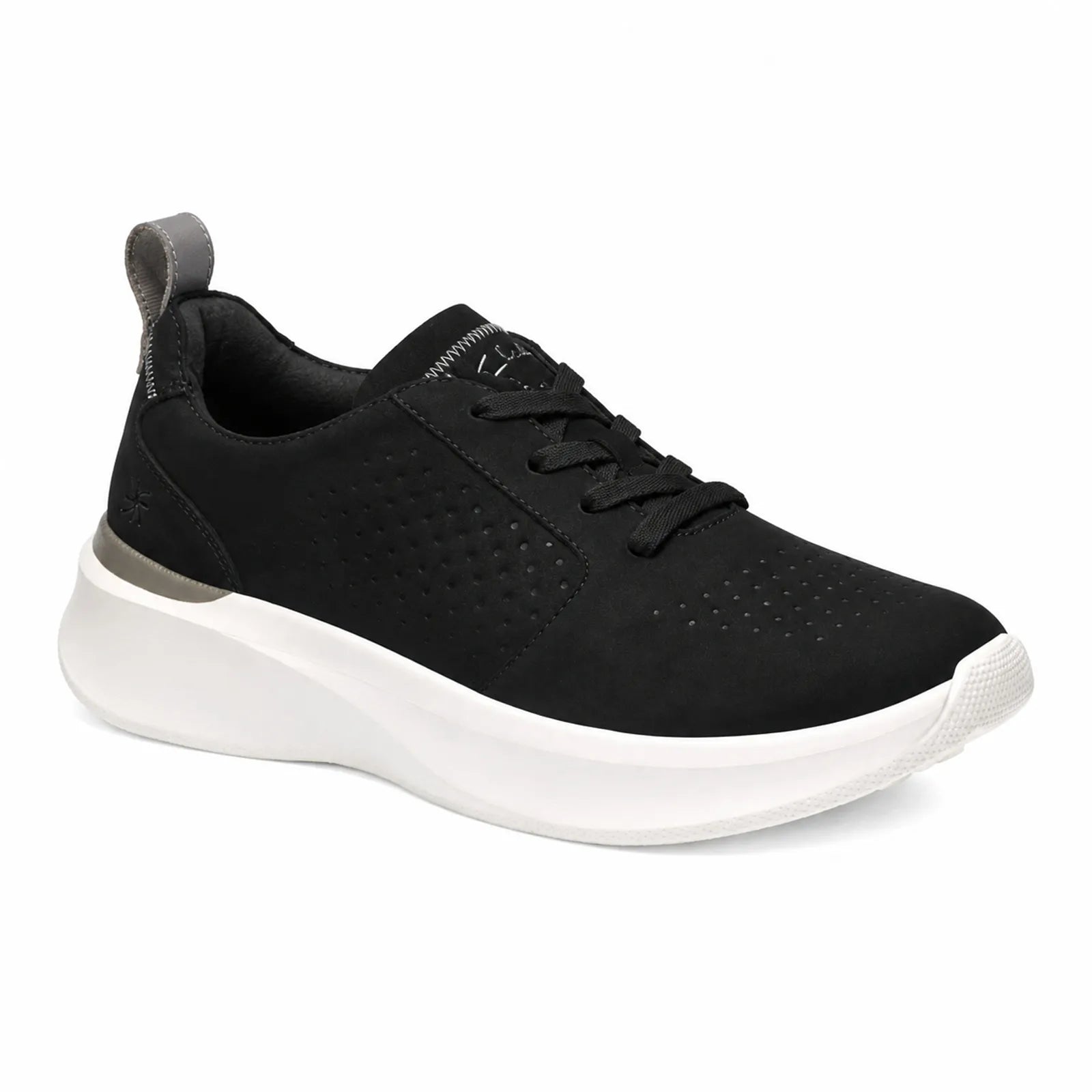 Men's black lace-up nubuck sneakers with textured upper and white cushioned sole