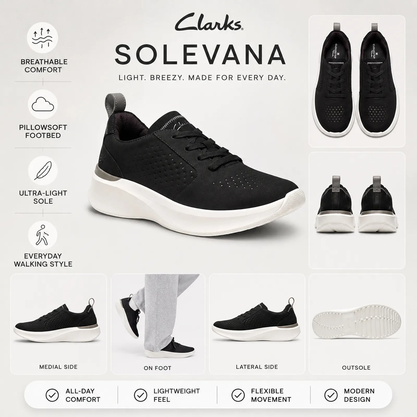 Men's black lace-up nubuck sneakers with cushioned white sole and breathable upper
