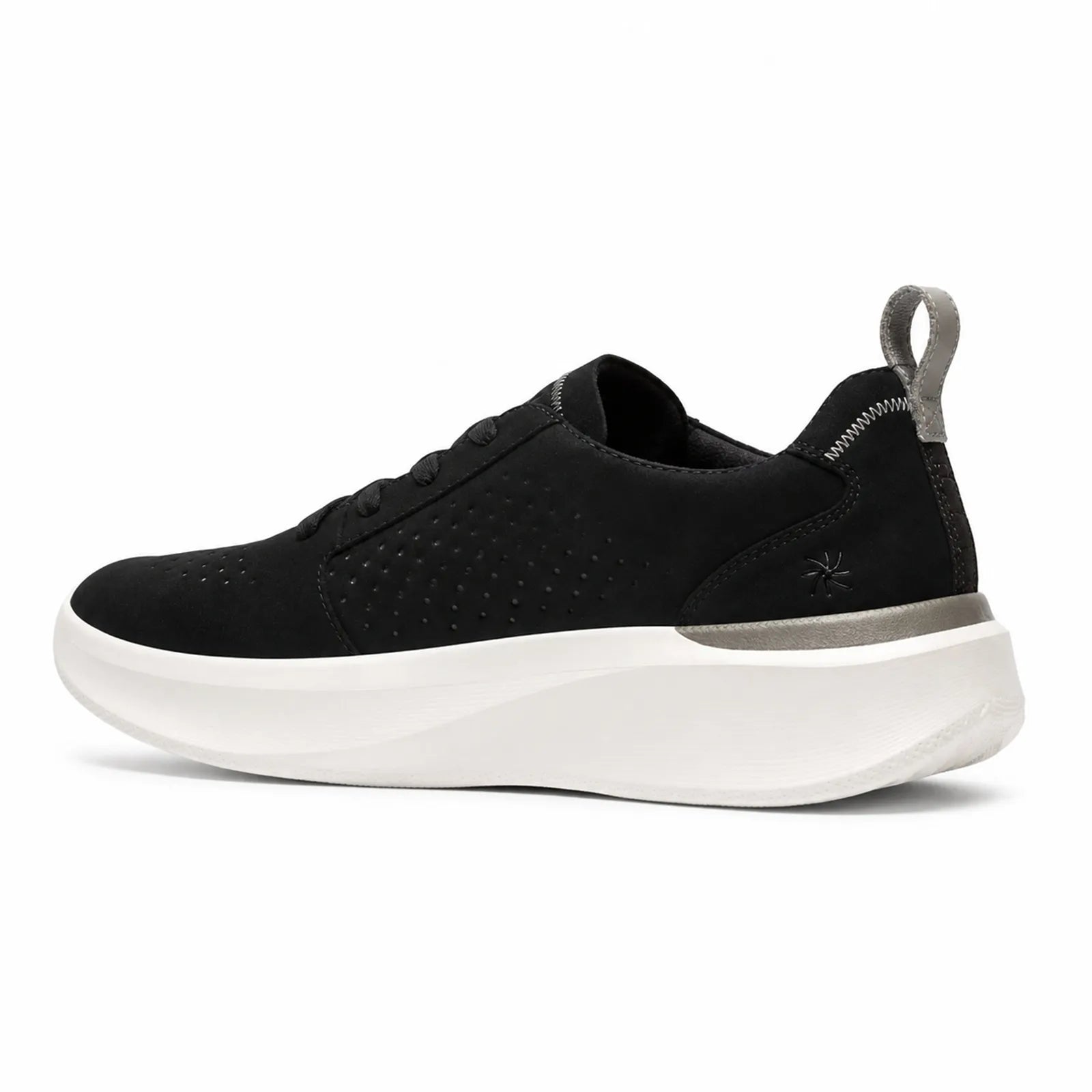 Men's black sneakers with textured upper, elastic gore, and white cushioned sole
