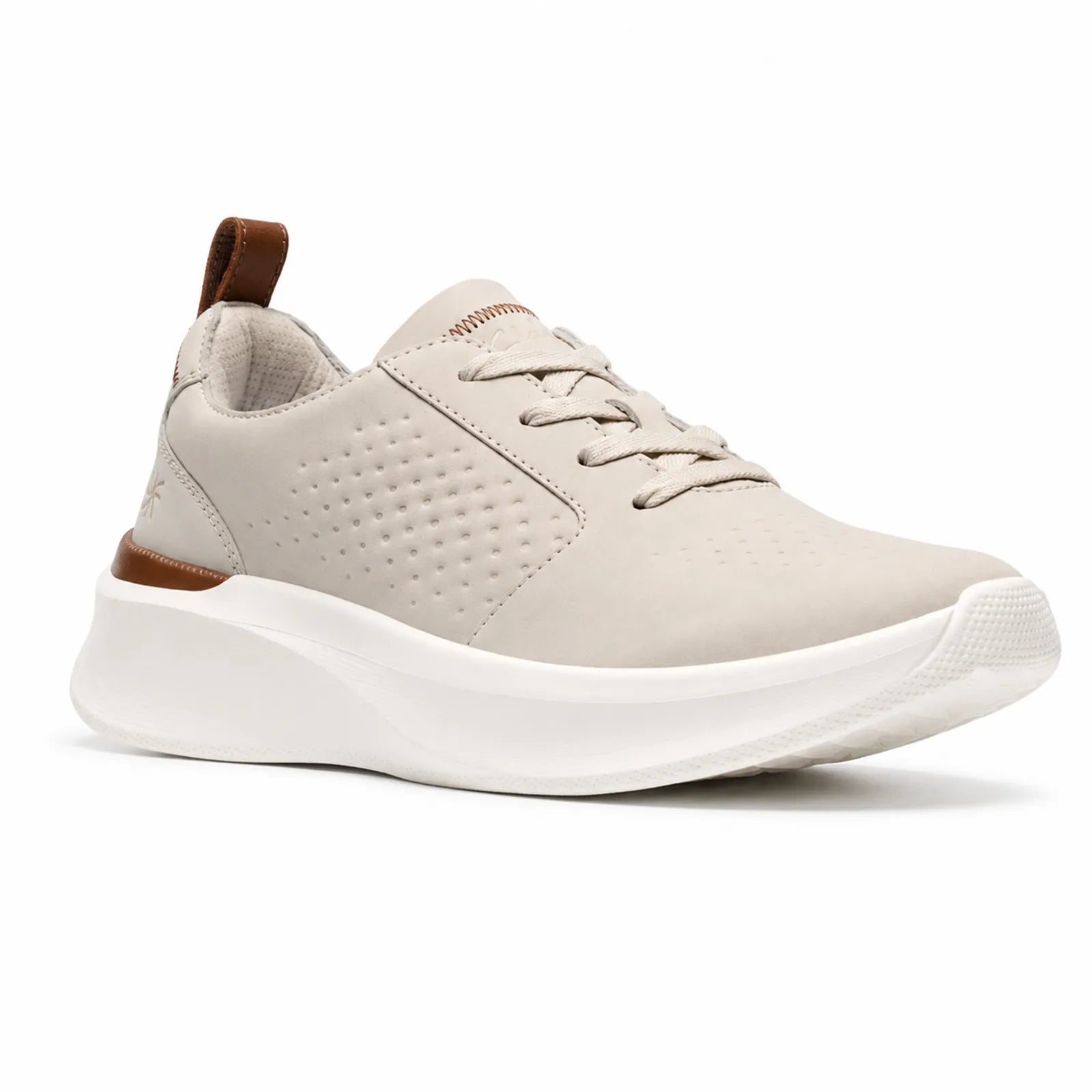 Men's off-white lace-up nubuck sneakers with textured upper and white cushioned sole