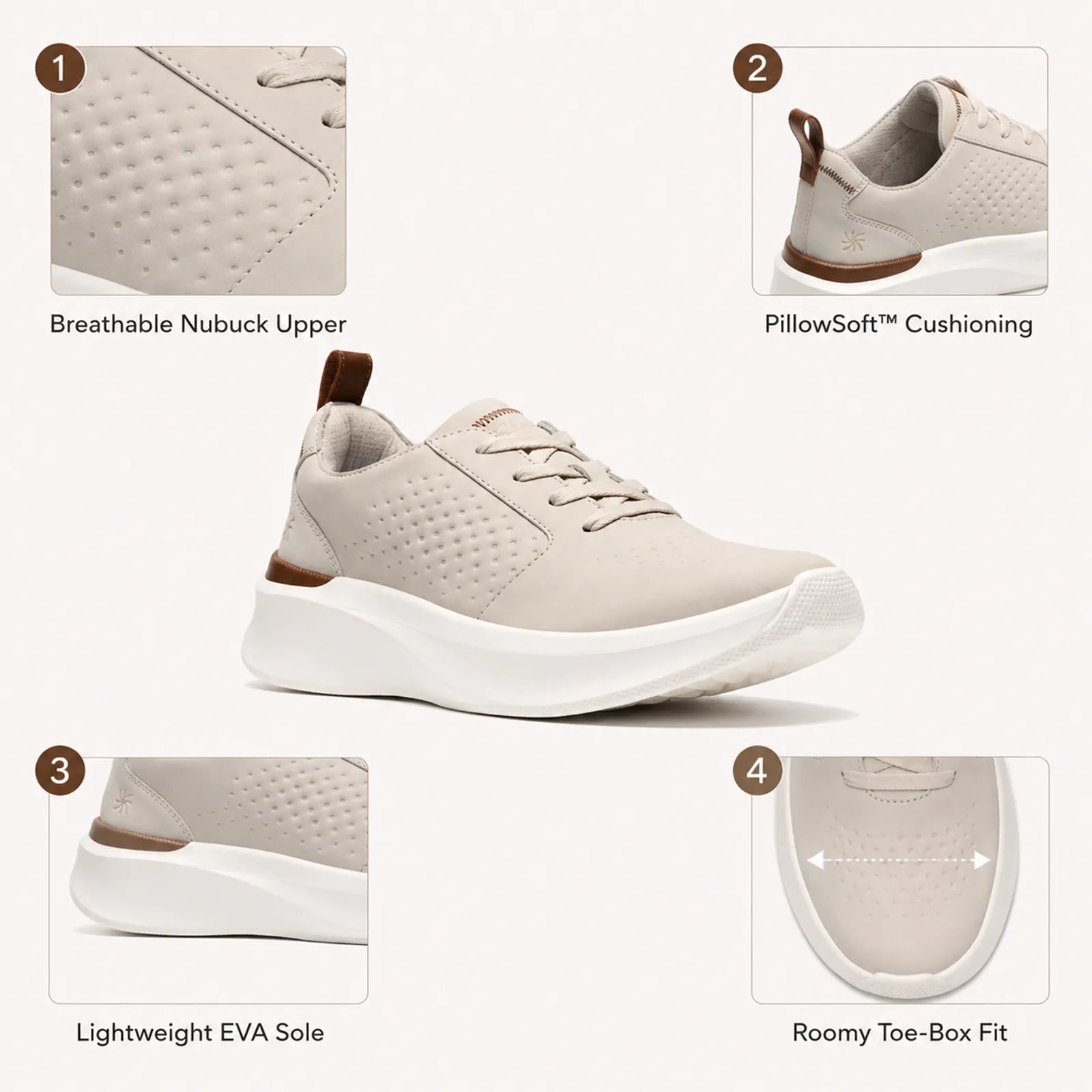 Men's off-white nubuck sneakers with cushioned insole and lightweight EVA sole