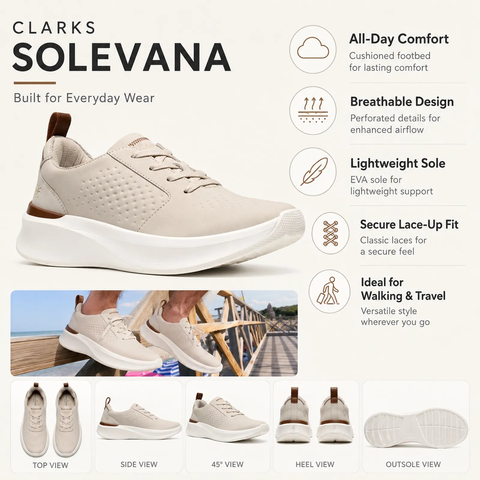 Clarks Solevana men's off-white lace-up sneakers with textured upper and cushioned sole
