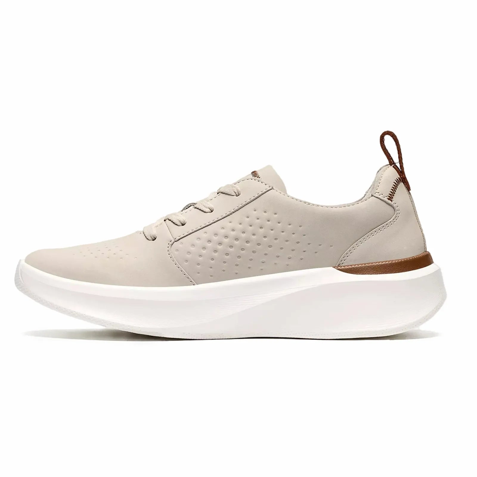 Men's off-white lace-up sneakers with brown heel trim and cushioned white sole