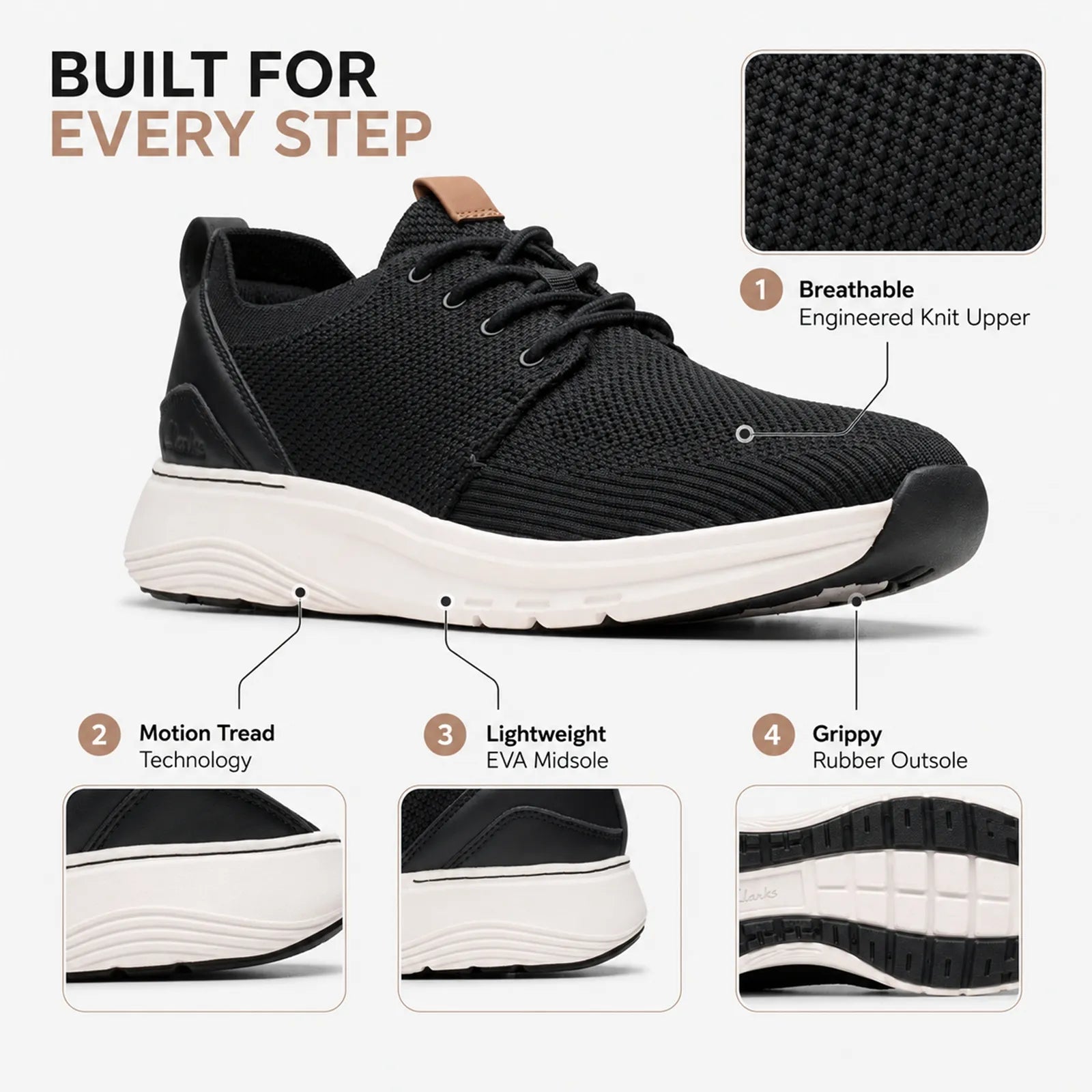 Men's black knit lace-up sneakers with motion tread sole and tan heel tab