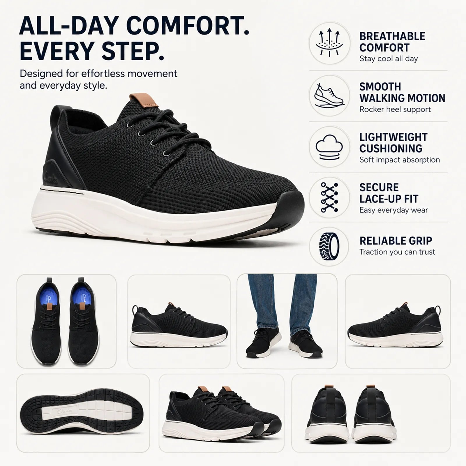 Men's black knit lace-up walking sneakers with white sole and tan heel tab