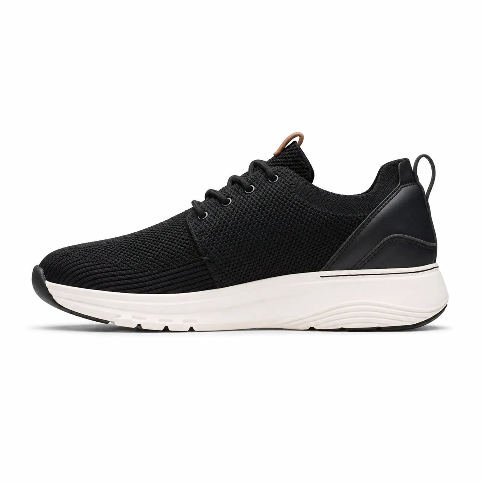 Men's black lace-up sneakers with textured knit upper, tan heel tab, and white sole