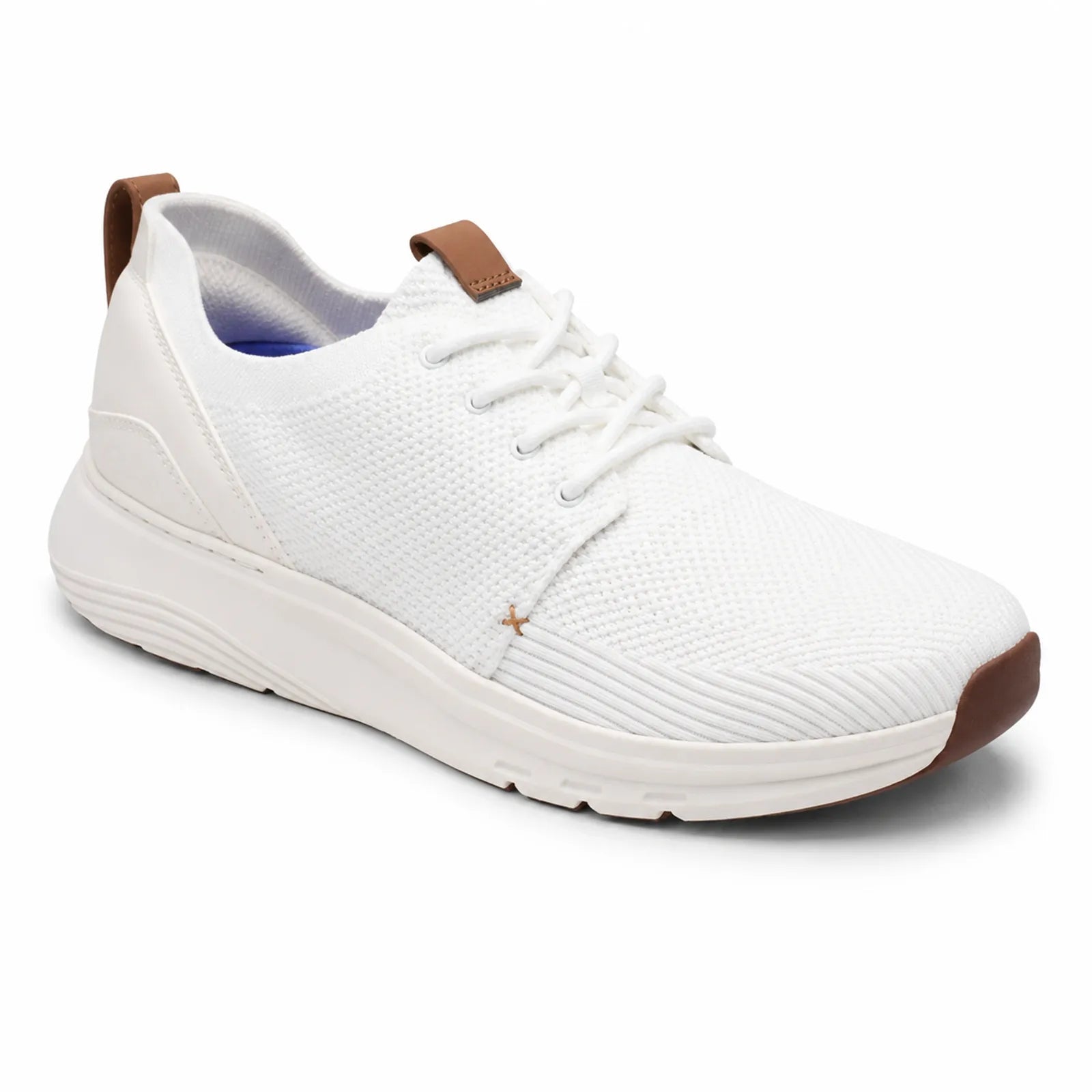 Men's white knit lace-up sneakers with brown heel tab, star emblem, and dark sole edge