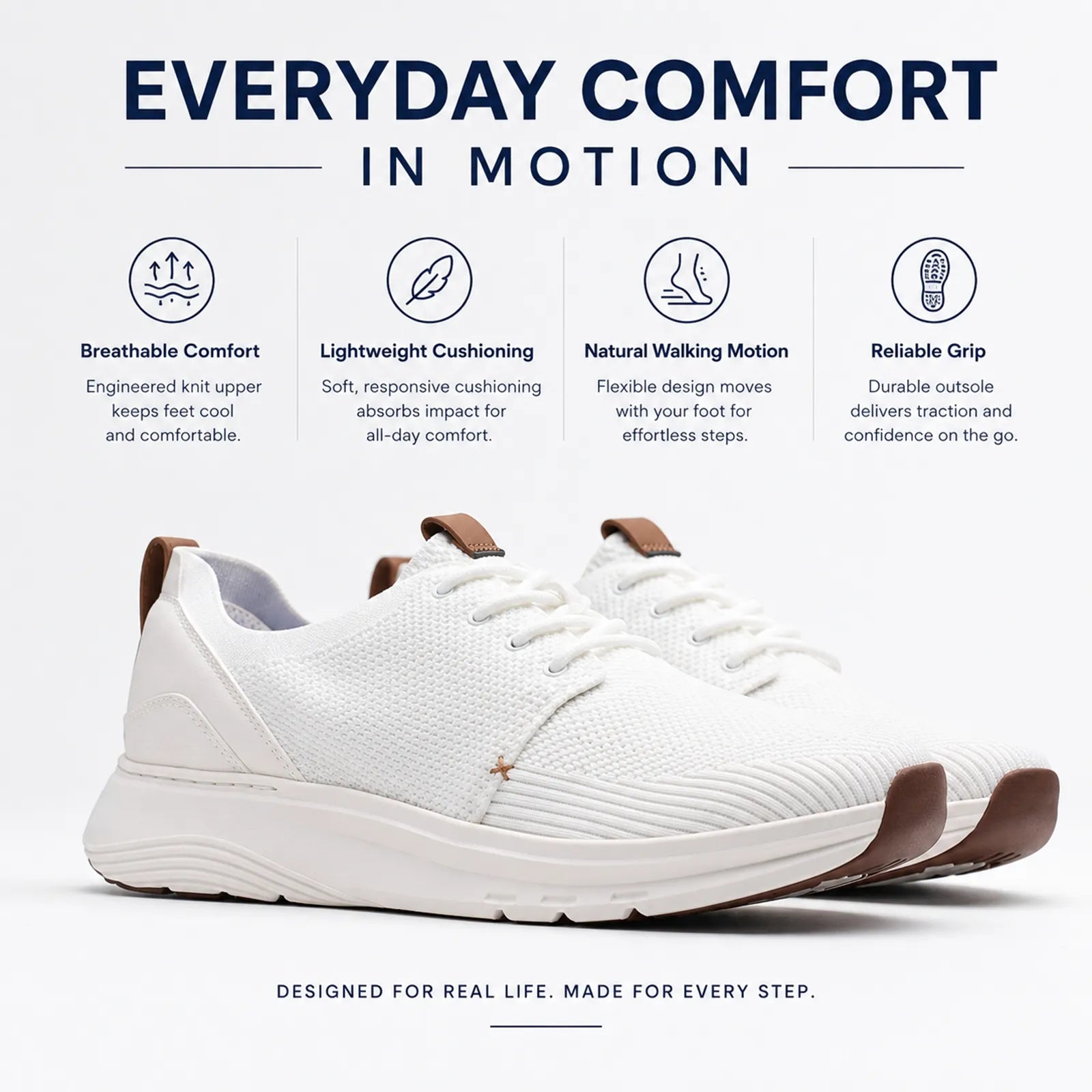 Men's white lace-up knit sneakers with cushioned sole and padded collar
