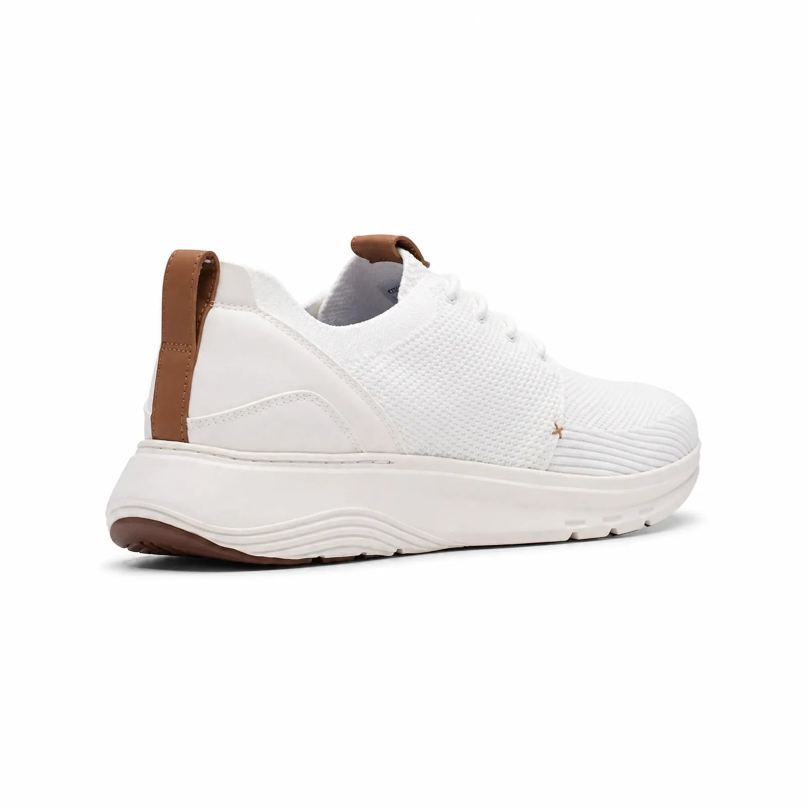 Men's white lace-up sneakers with knit upper, brown heel tab, and cushioned sole