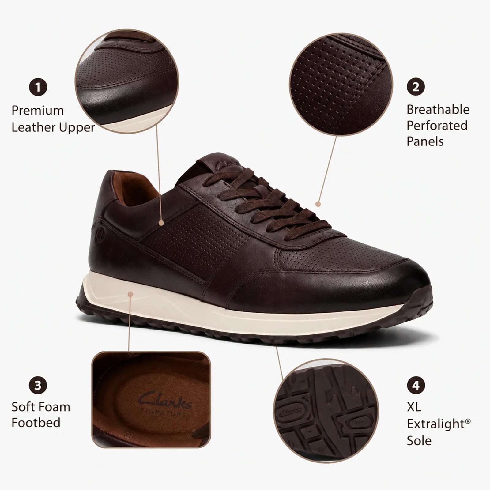 Brown leather lace-up sneakers with perforated upper and thick white sole