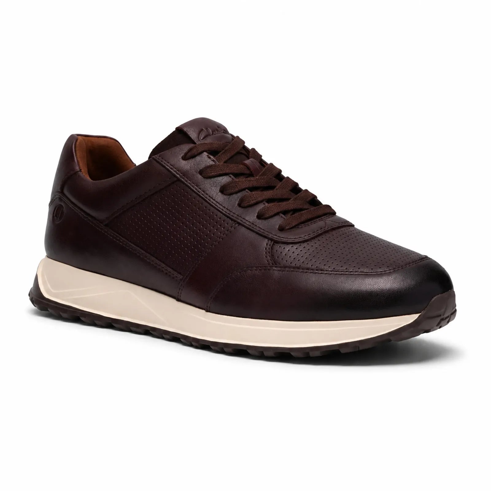 Men's brown leather lace-up sneakers with padded collar and off-white tread sole
