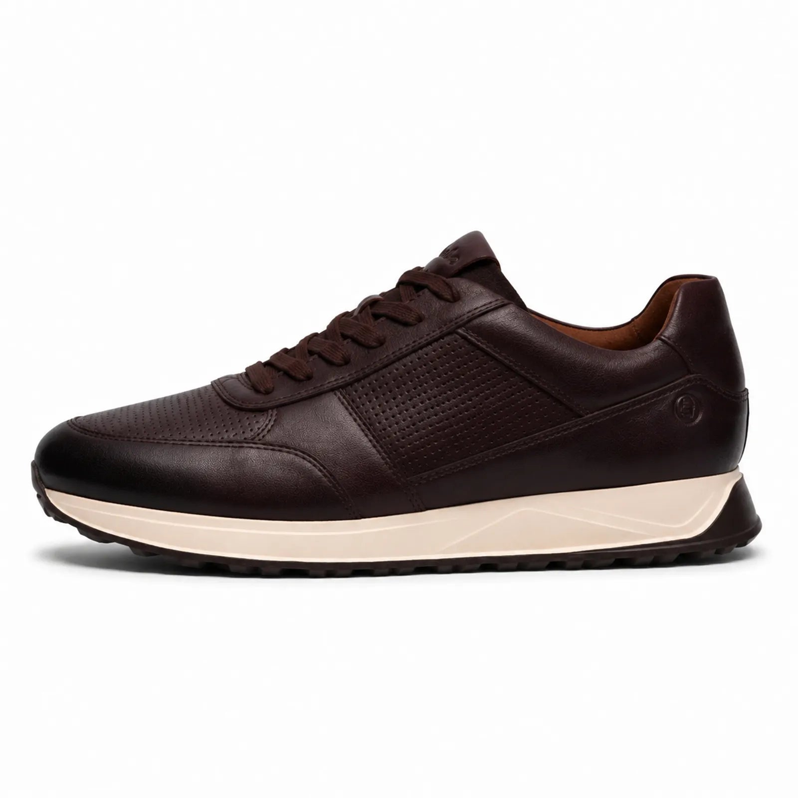 Brown leather lace-up sneakers with textured paneling and cushioned collar