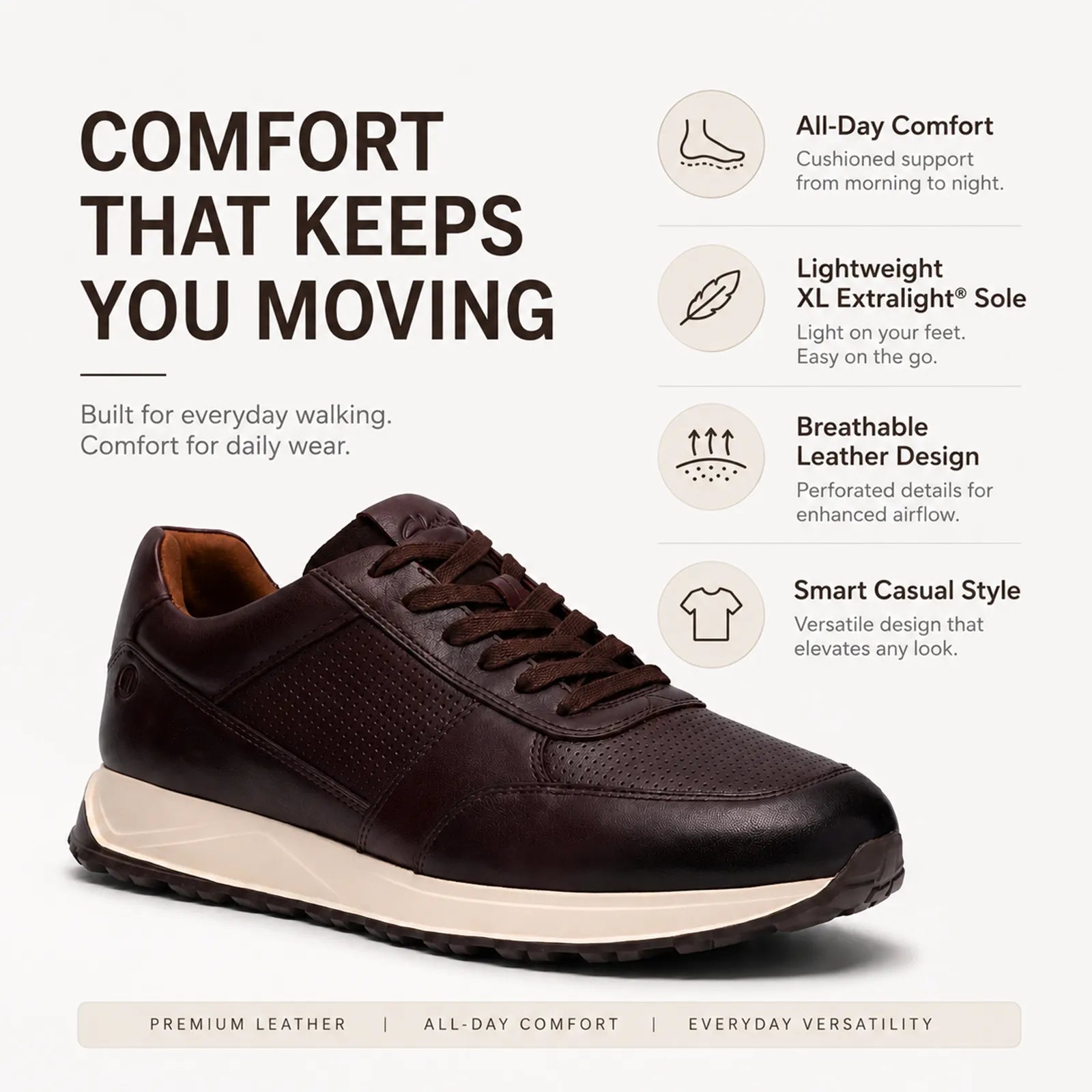 Brown leather lace-up walking sneakers with off-white sole
