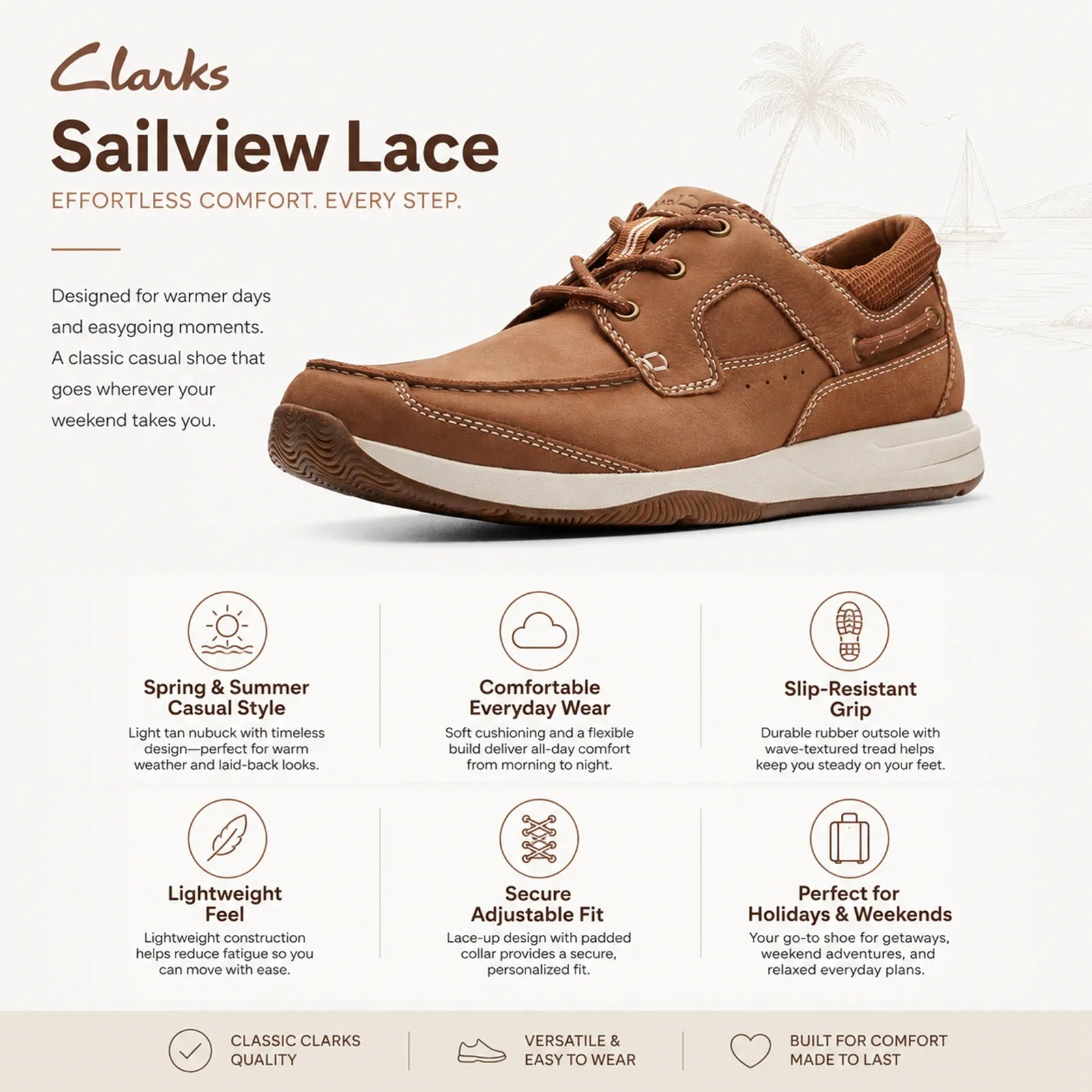 Clarks Sailview Lace men's brown lace-up sneakers with white outsole