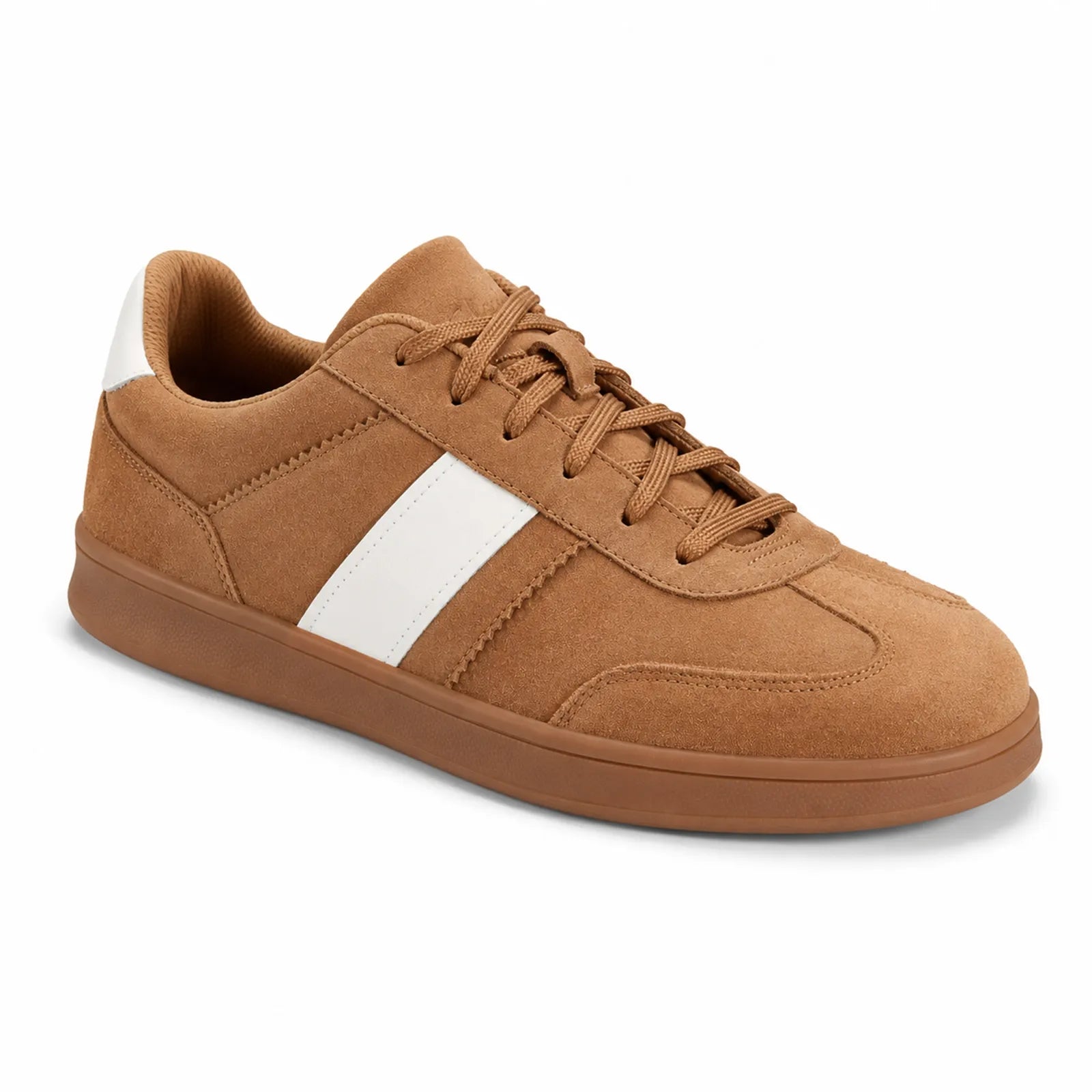 Men's brown suede lace-up sneakers, white side stripe, gum rubber sole