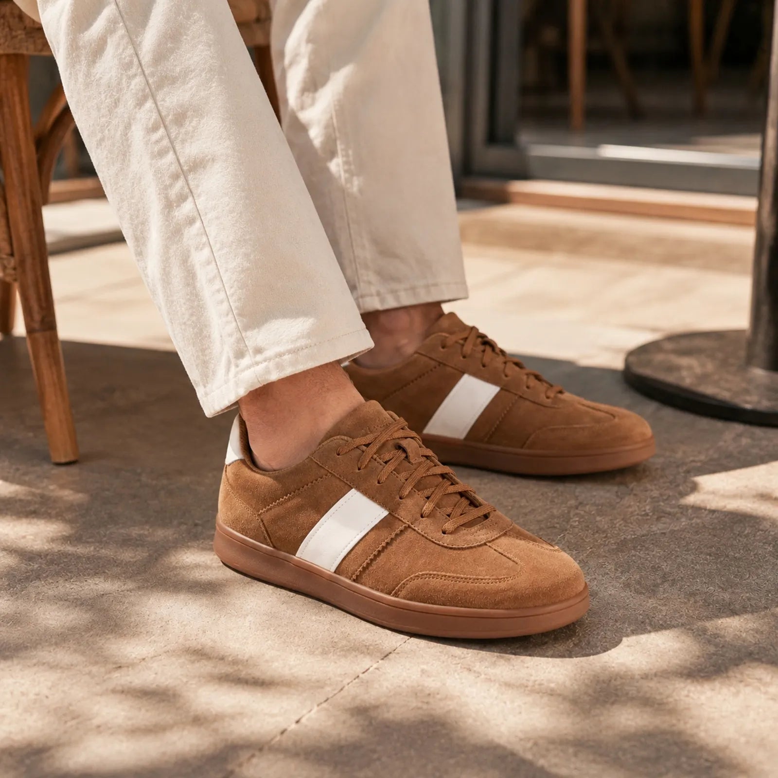 Men's brown suede lace-up sneakers on feet, white side stripe