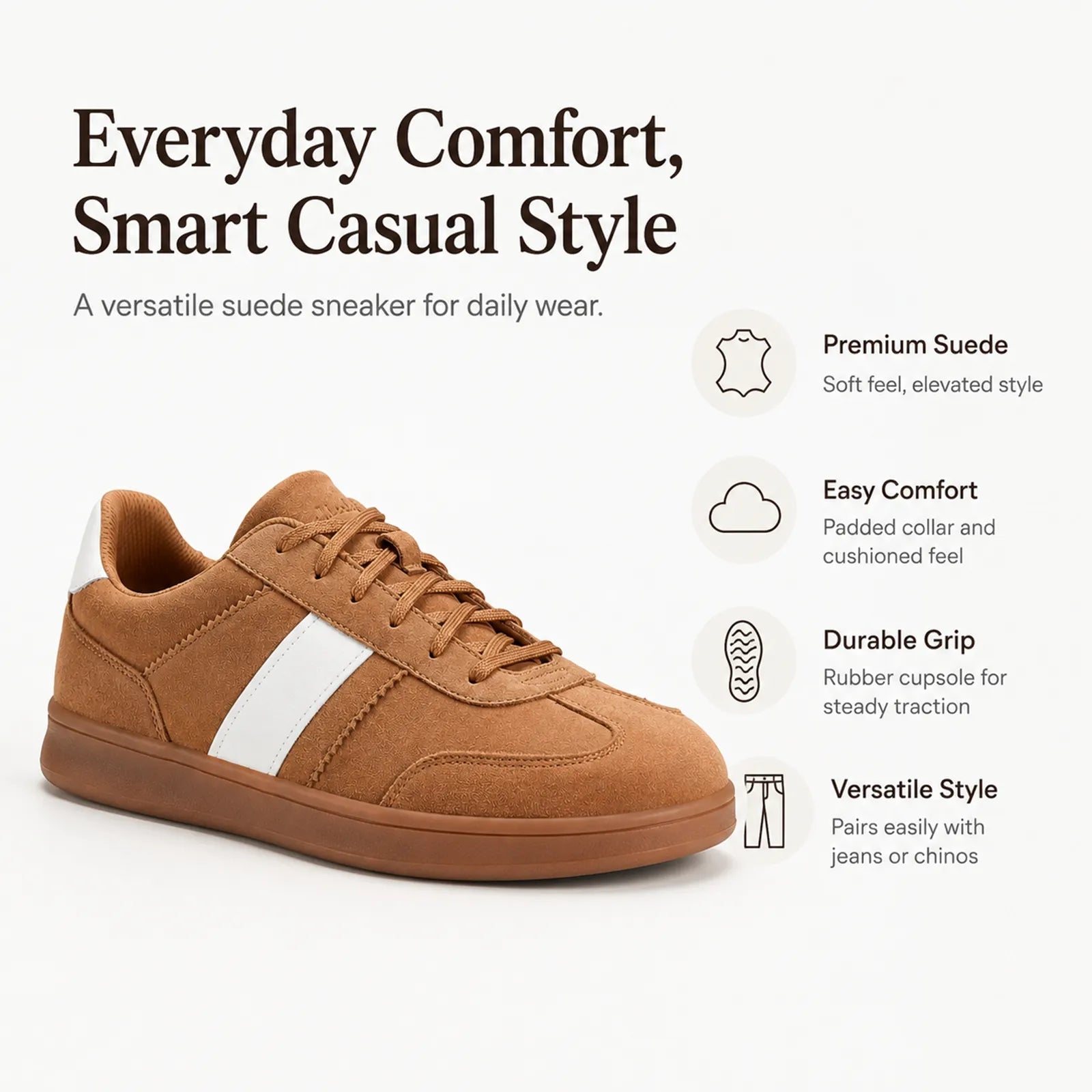 Men's brown suede sneakers with white side stripe, low gum sole