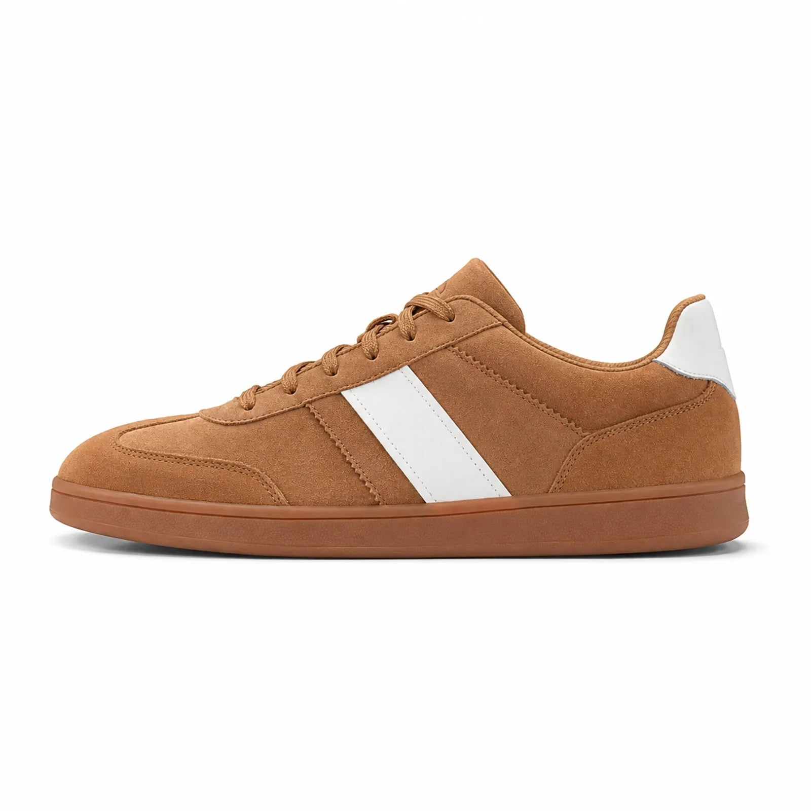 Men's brown suede lace-up sneakers with white side stripe and gum sole