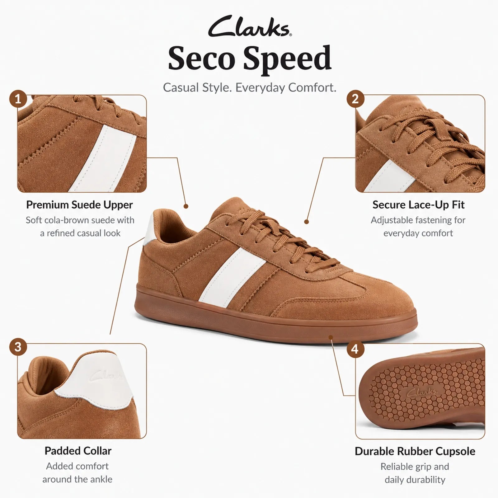 Men's brown suede lace-up sneakers with padded collar and rubber cupsole