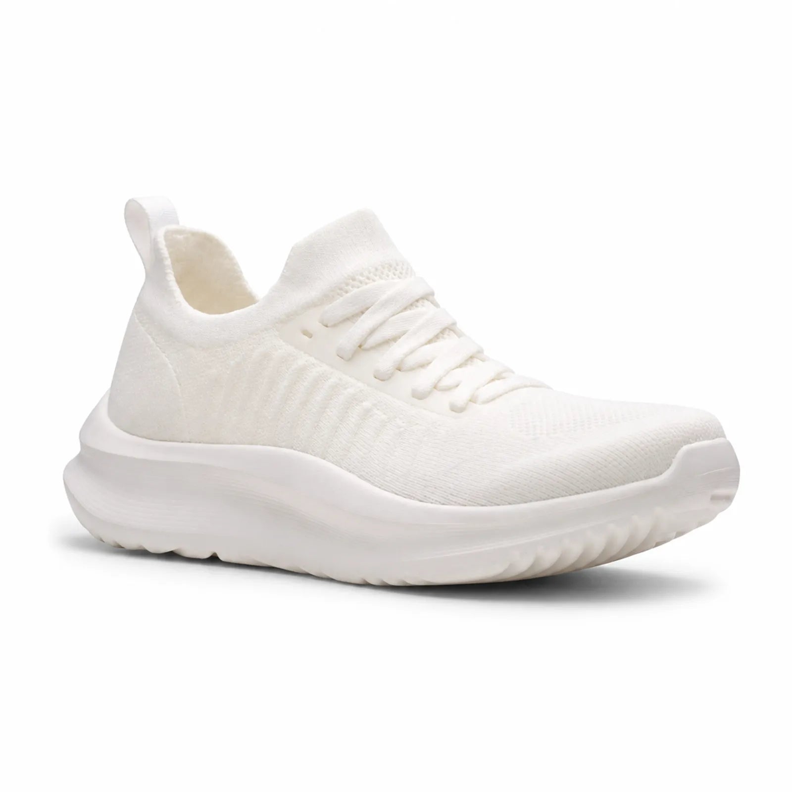 White knit lace-up women's sneakers with cushioned sole and padded collar