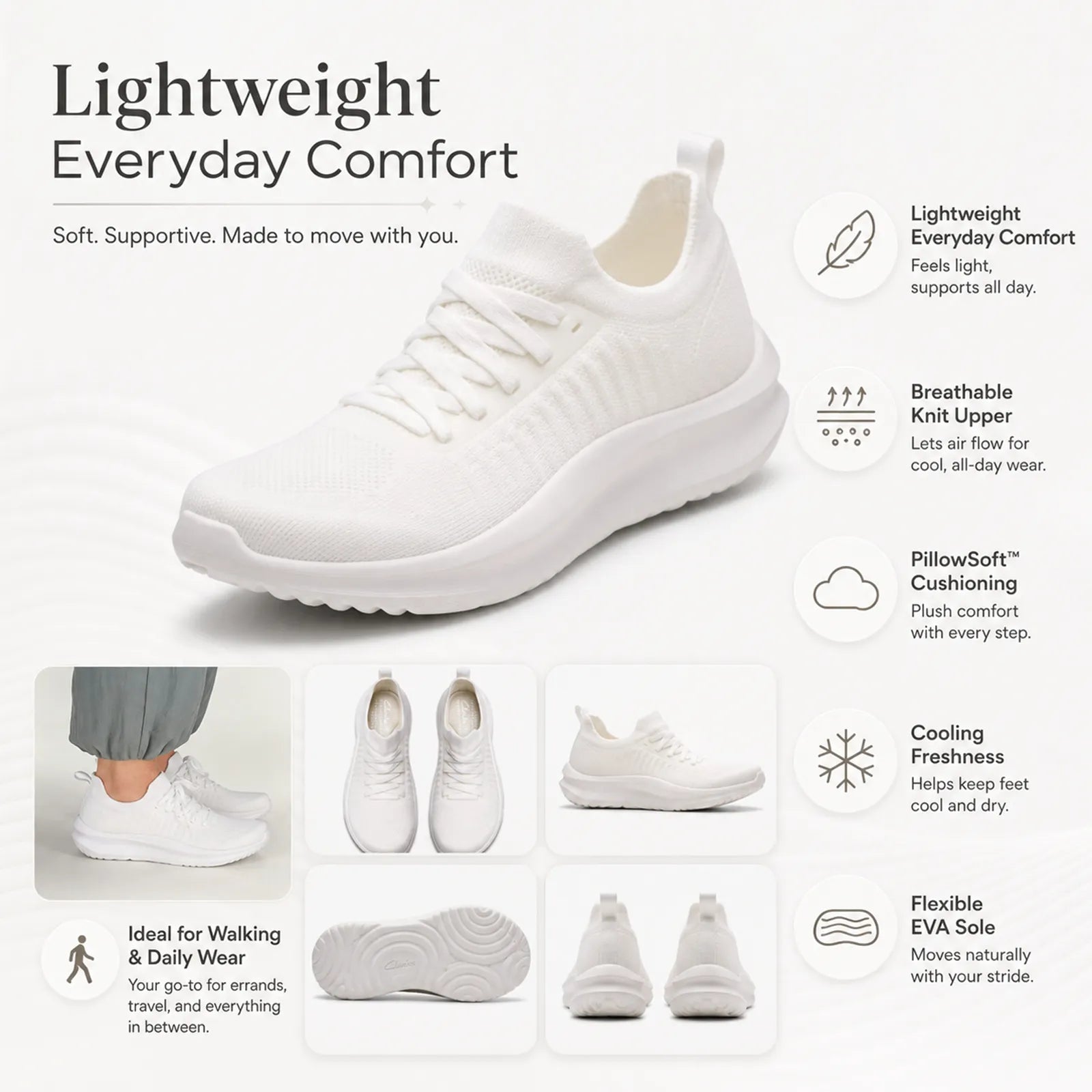 Lightweight white knit lace-up sneakers with cushioned sole