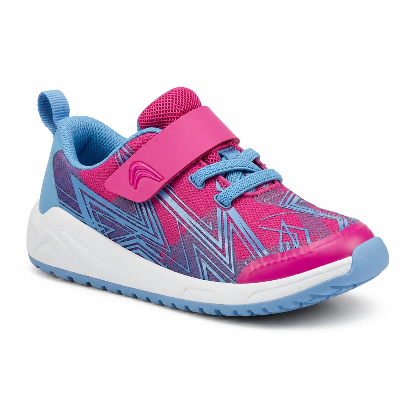 Kids pink and blue sneakers with hook-and-loop strap, lace-up style, cushioned sole
