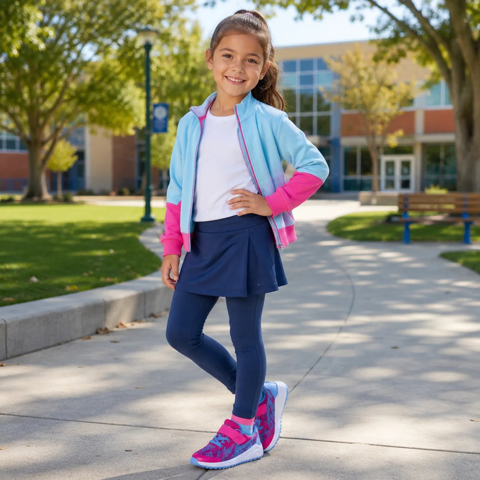 Kids pink and blue sneakers being worn, blue laces and hook-and-loop strap
