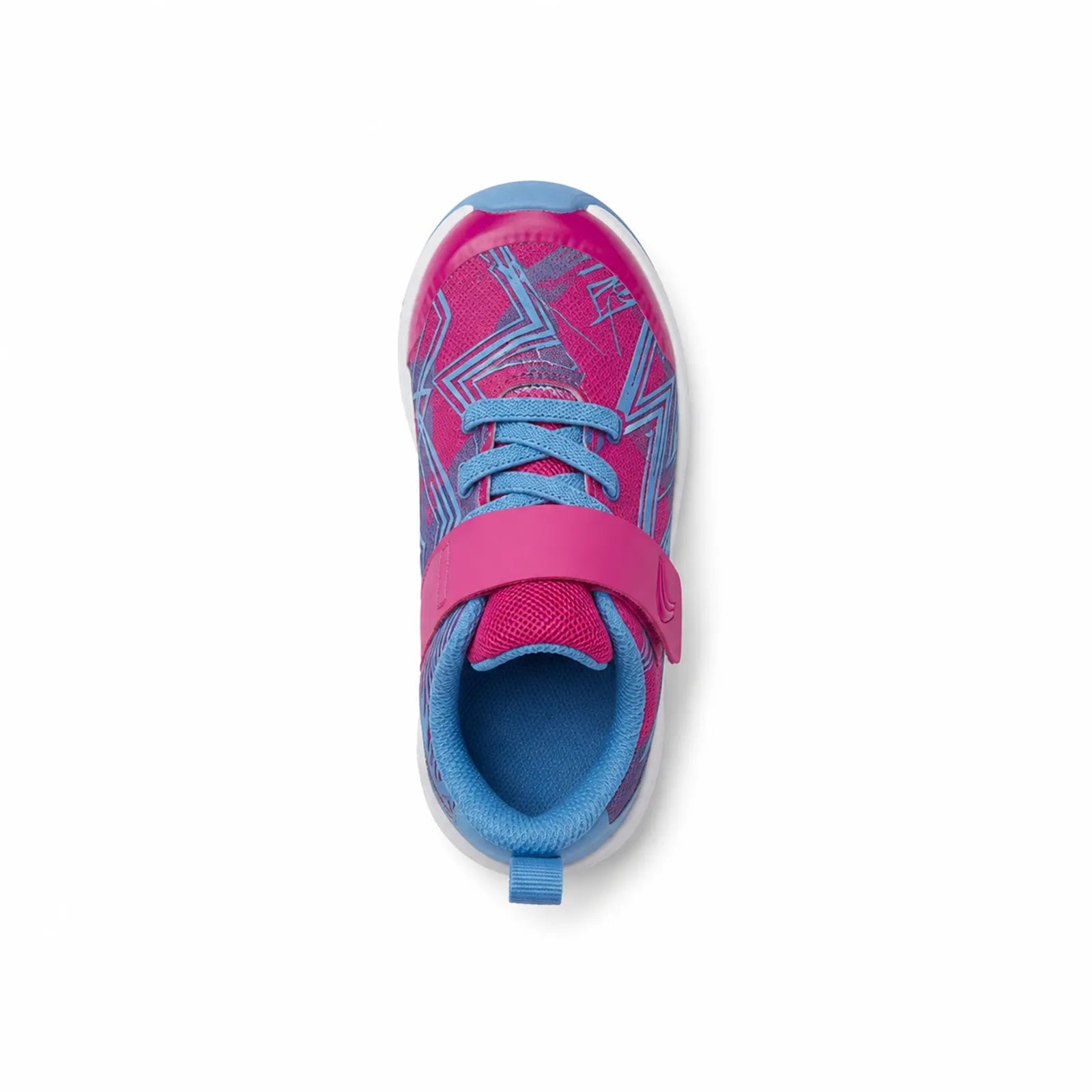 Pink kids sneaker with blue laces and hook-and-loop strap, front view