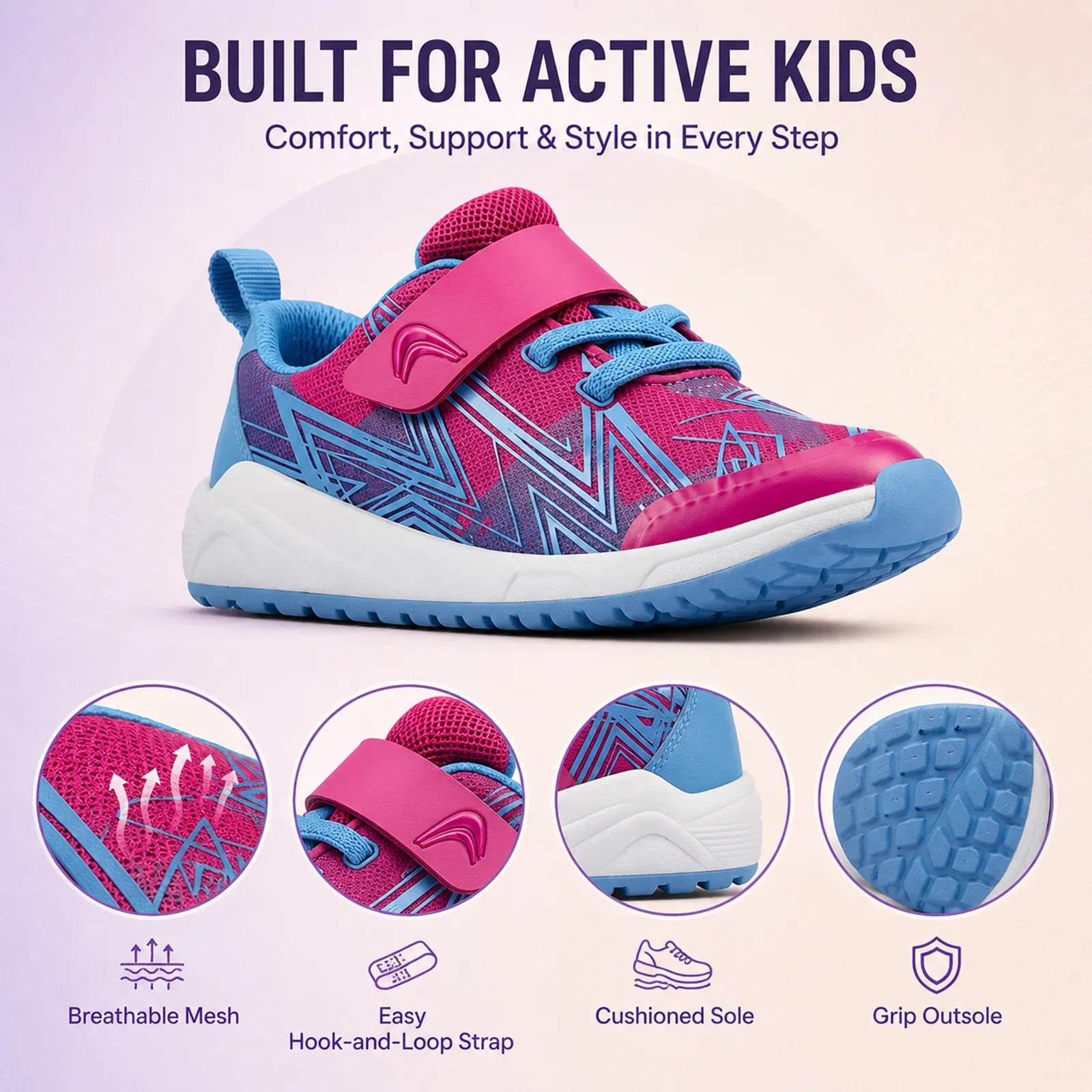 Pink and blue kids sneakers with hook-and-loop strap and cushioned, grippy sole
