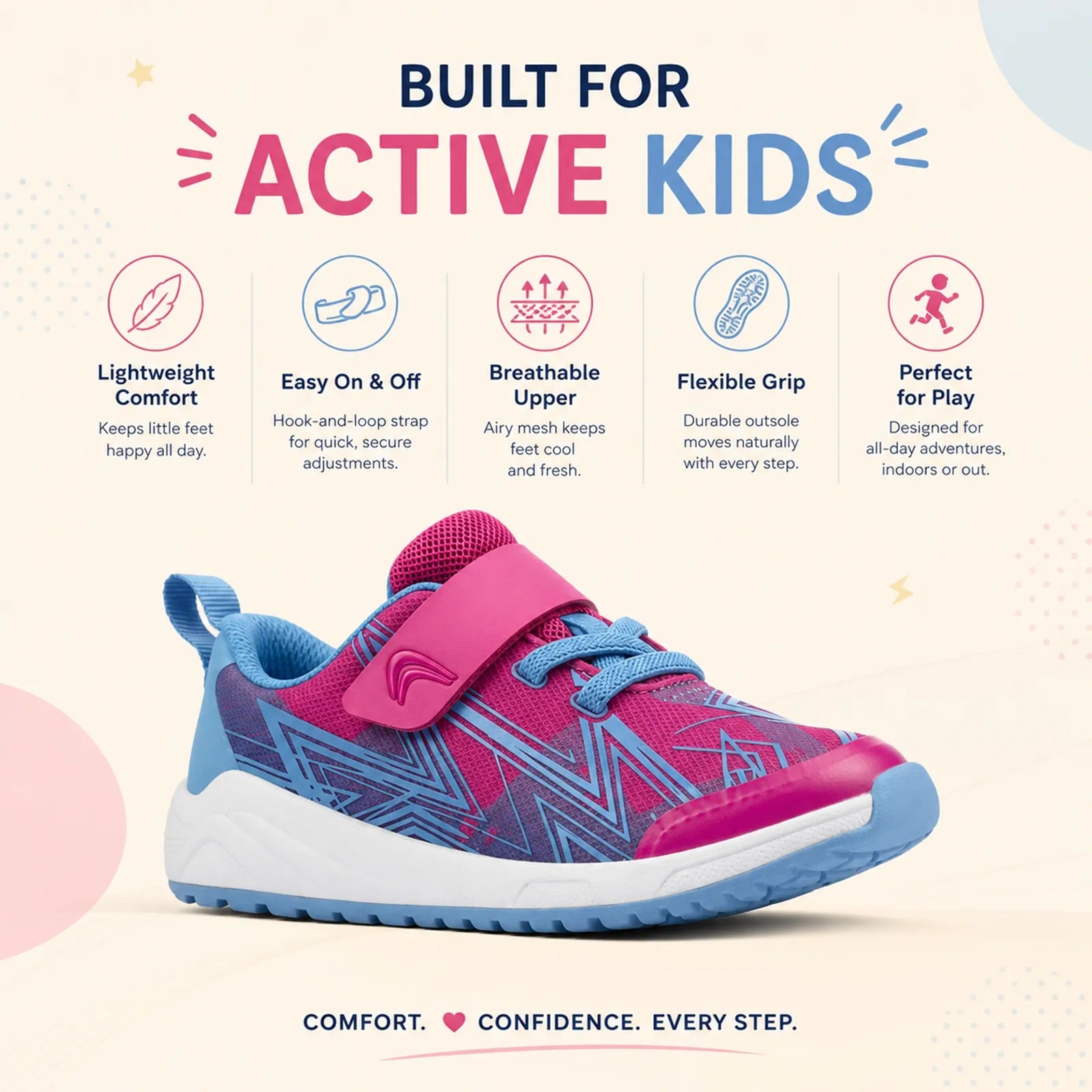 Pink kids sneakers with blue laces and hook-and-loop strap, sporty low-top design