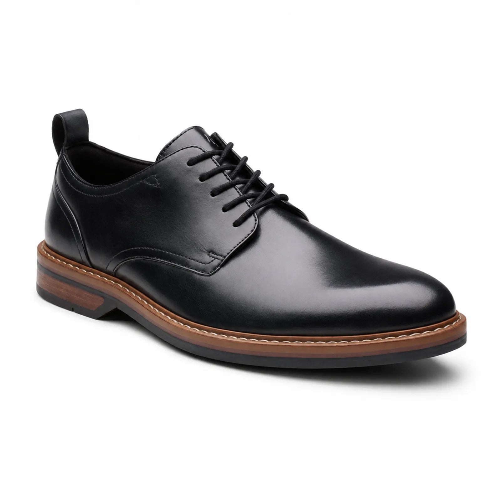 Black leather lace-up business shoe with smooth finish and brown-trim rubber sole