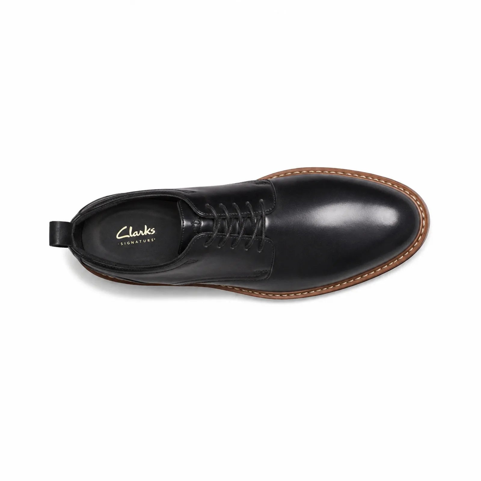 Black leather lace-up business shoe with tan welt and cushioned insole