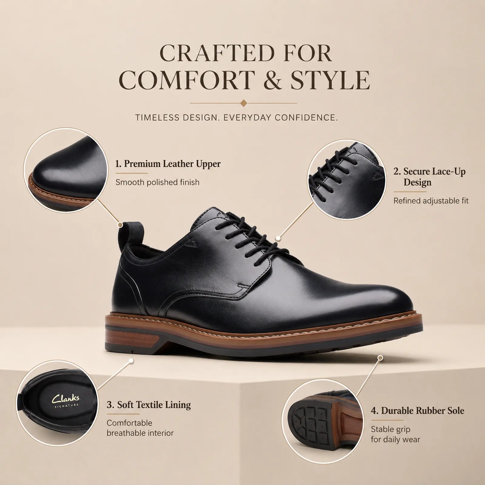 Men's dark leather lace-up business shoes with rounded toe and rubber sole