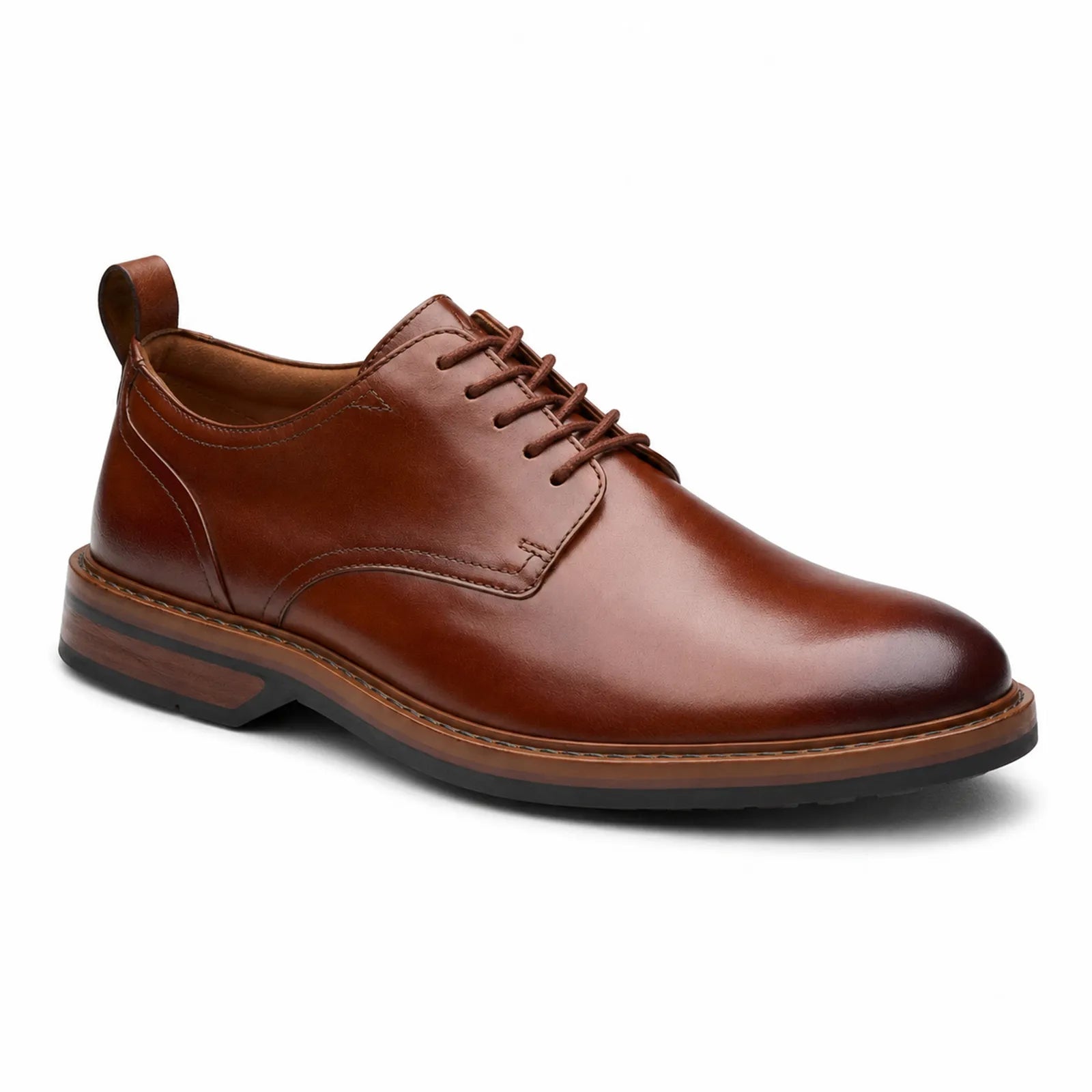Brown leather lace-up business shoe with classic derby styling and rubber sole