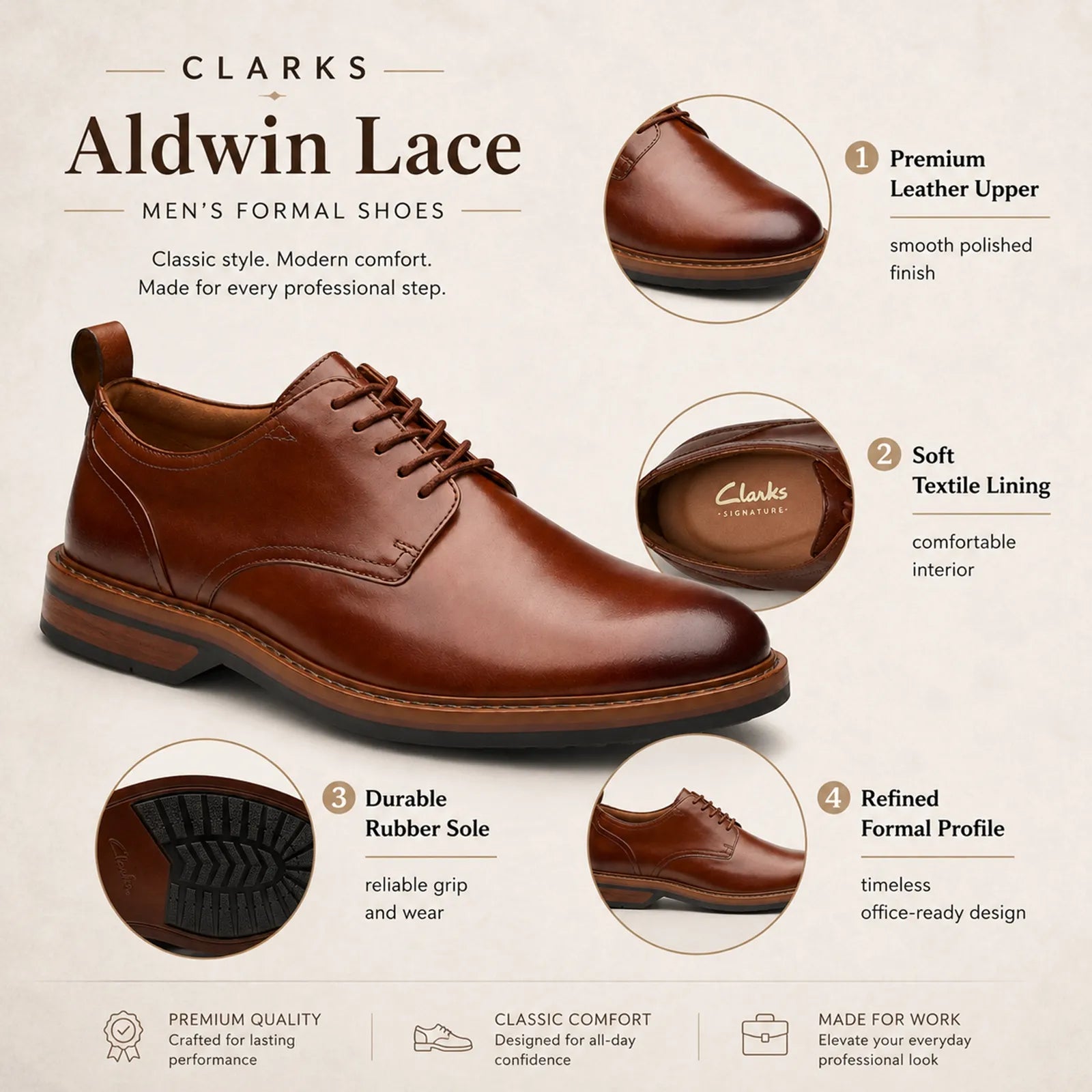 Brown leather lace-up mens formal shoes with polished finish and rubber sole