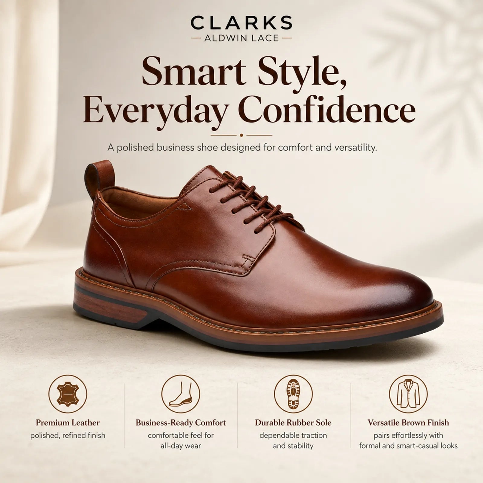Brown leather lace-up business shoe with classic shape and durable rubber sole