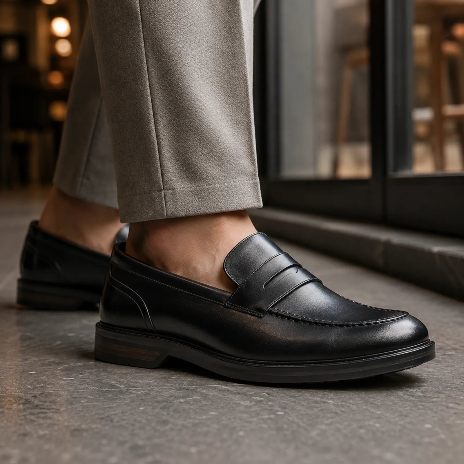 Black leather men’s loafer with strap detail and stitched seams, low profile sole