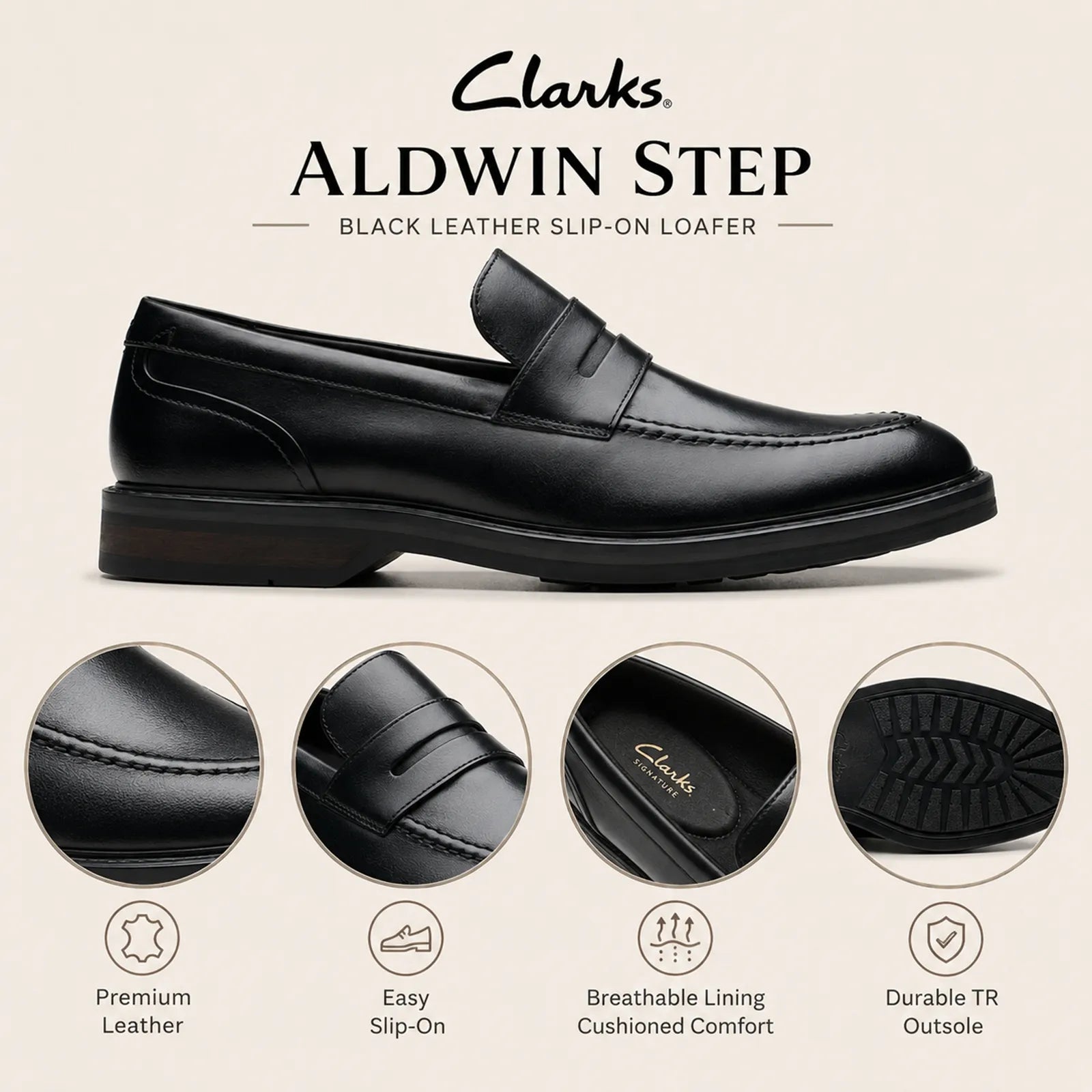 Men's black leather slip-on loafer with stitched apron and flat rubber outsole
